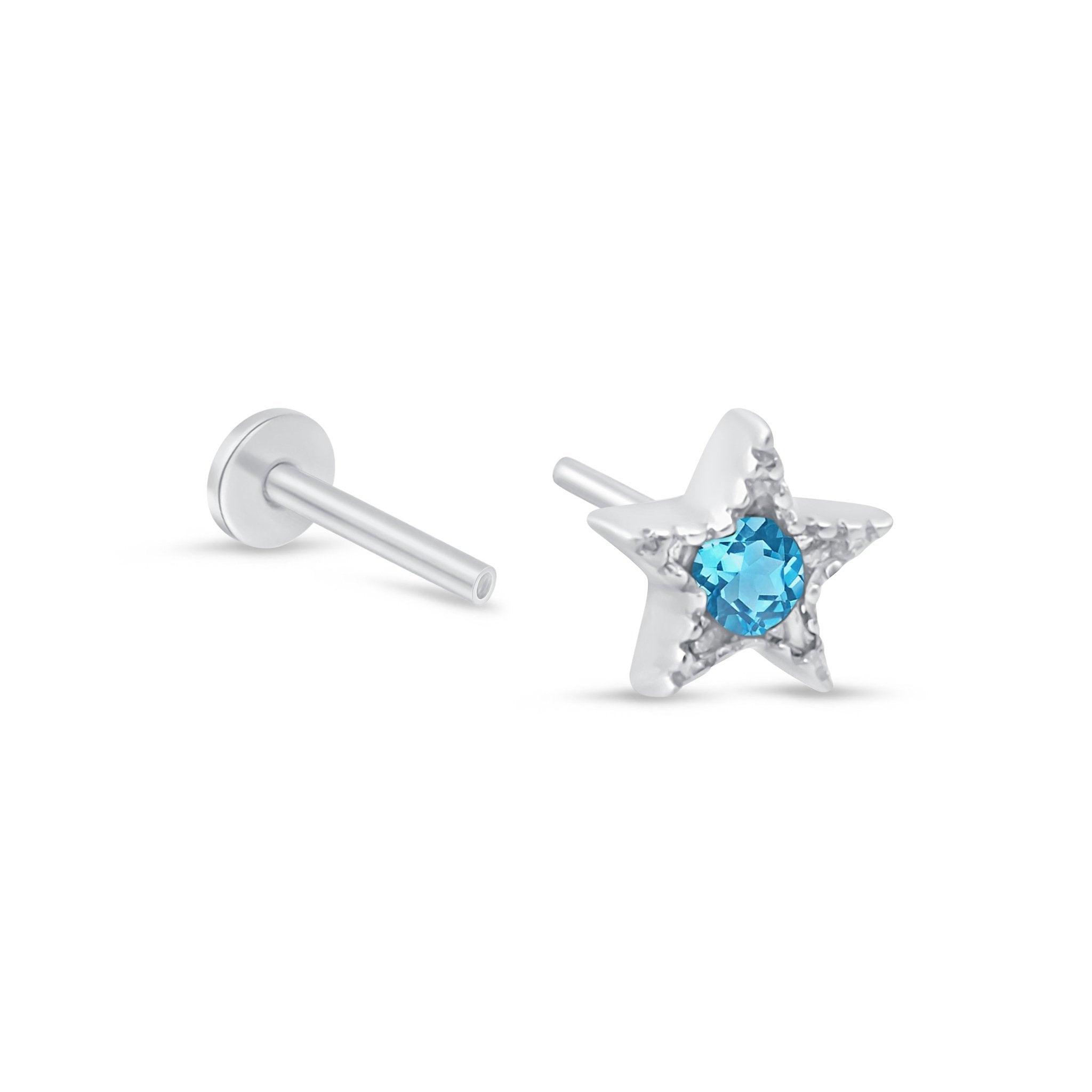 14k White Gold Blue Topaz Star Stud Earrings with Milgrain Detail - Perfect for Bridal, Evening Wear & Special Occasions