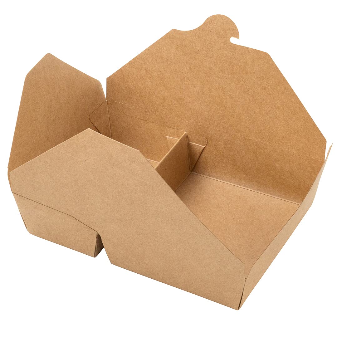 Eco-Friendly 50oz Kraft Paper Take Out Containers - 200 Pack of 2-Compartment Greaseproof Food Boxes with Secure Tab-Lock Closure | Perfect for Restaurants, Catering & Meal Prep | Safe for Hot/Cold Foods, Burgers, Salads & Leftovers