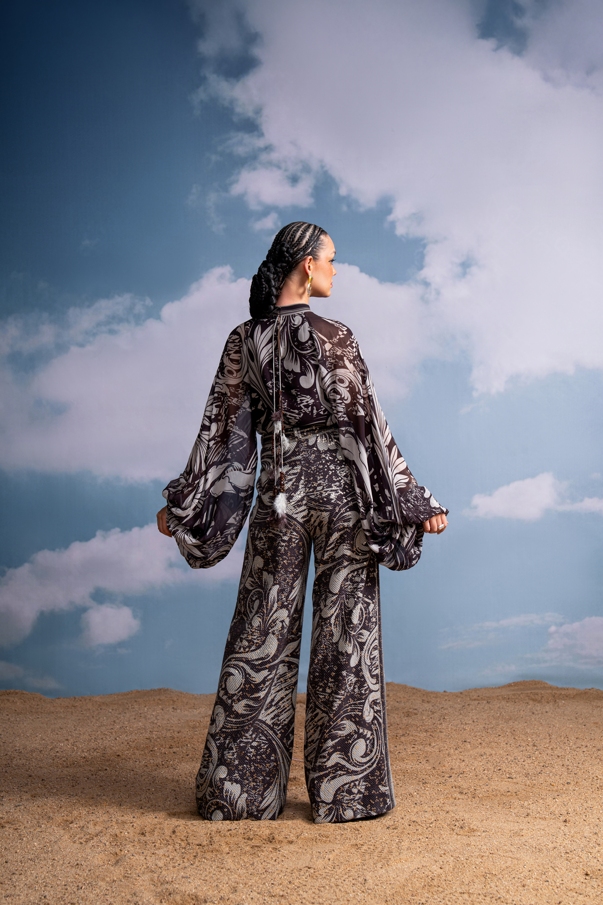 Stylish Chocolate Swirl Print Top with Bishop Sleeves - Perfect for Casual Outings & Date Nights
