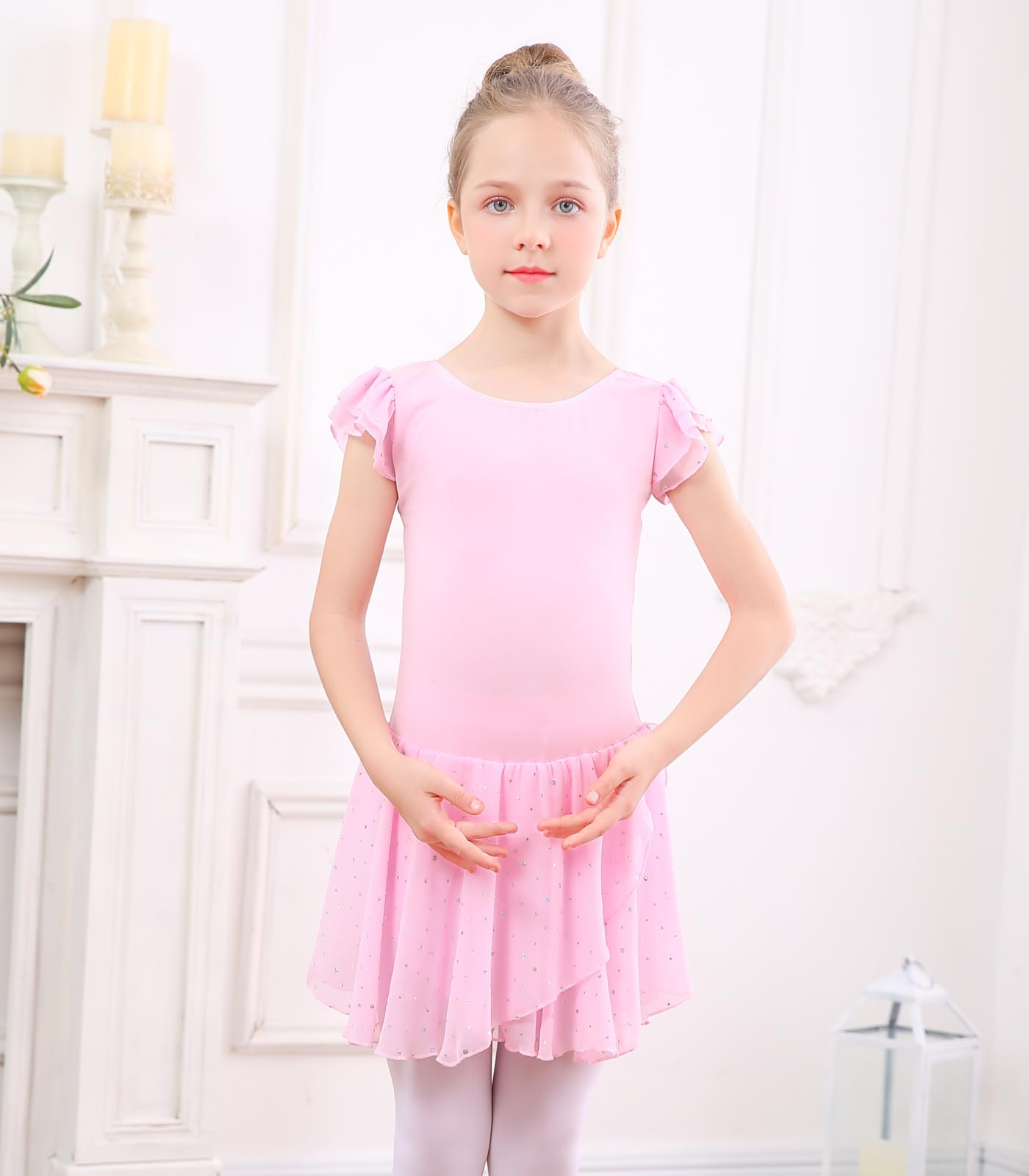 Girls Ballet Leotard with Ruffle Sleeves - Sparkle Dance Leotard Costume for Kids Ages 3-9 Years - Perfect for Ballet Class, Recitals & Dance Performances