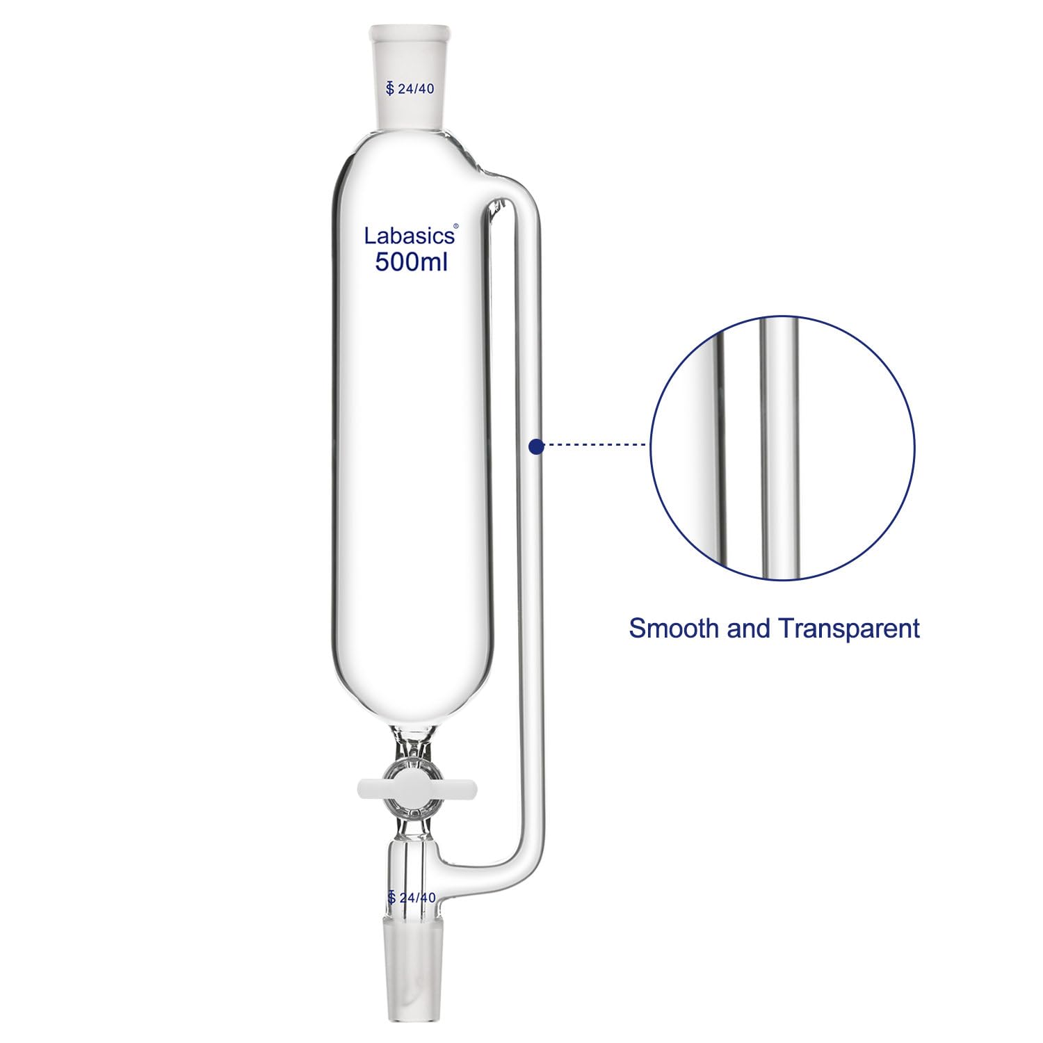 Labasics 500ml Borosilicate Glass Pressure Equalizing Addition Funnel with 24/40 Joint & PTFE Stopcock - Premium Lab Equipment for Chemical Experiments, Distillation & Precise Liquid Transfer