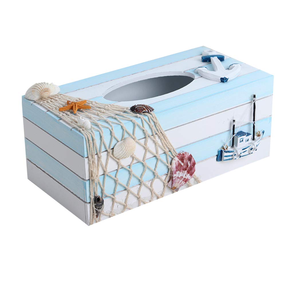 Vintage Mediterranean Wooden Tissue Box - Handcrafted Decorative Storage Box with Striped Iron Anchor Sailboat Design | Home & Office Desktop Décor | Perfect for Living Room, Bedroom, or Bathroom Organization