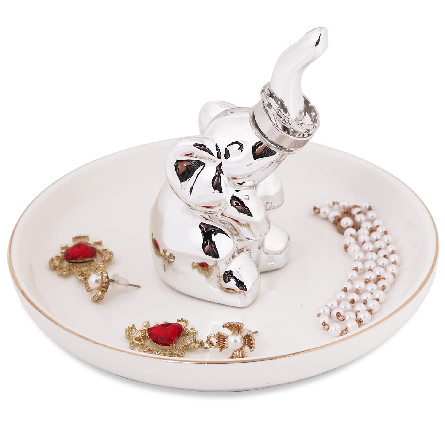 CERANEE Silver Elephant Jewelry Dish - 5 Inch White Ceramic Trinket Tray for Rings, Necklaces & Bracelets | Elegant Jewelry Holder for Women | Perfect for Vanity, Dresser & Bathroom Organization