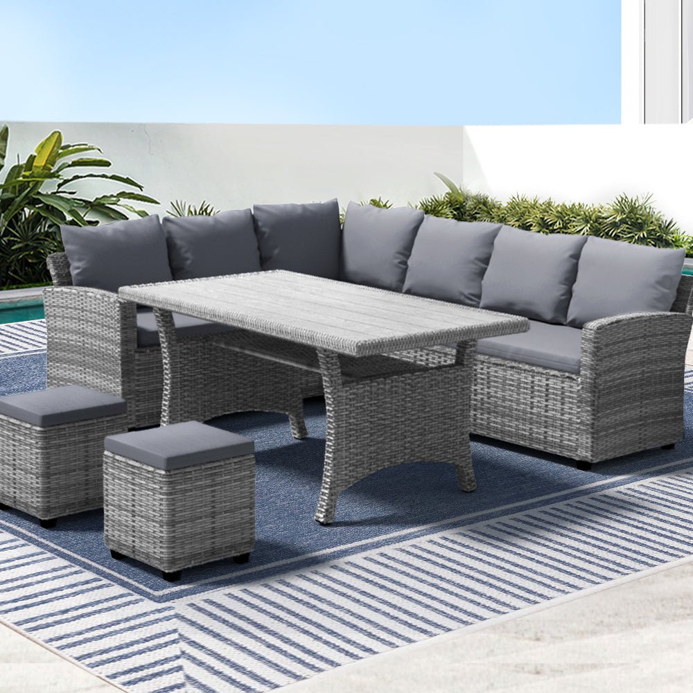 9-Piece Outdoor Wicker Patio Dining Set with Mixed Grey Cushions - Perfect for Backyard BBQs, Poolside Lounging & Garden Entertaining
