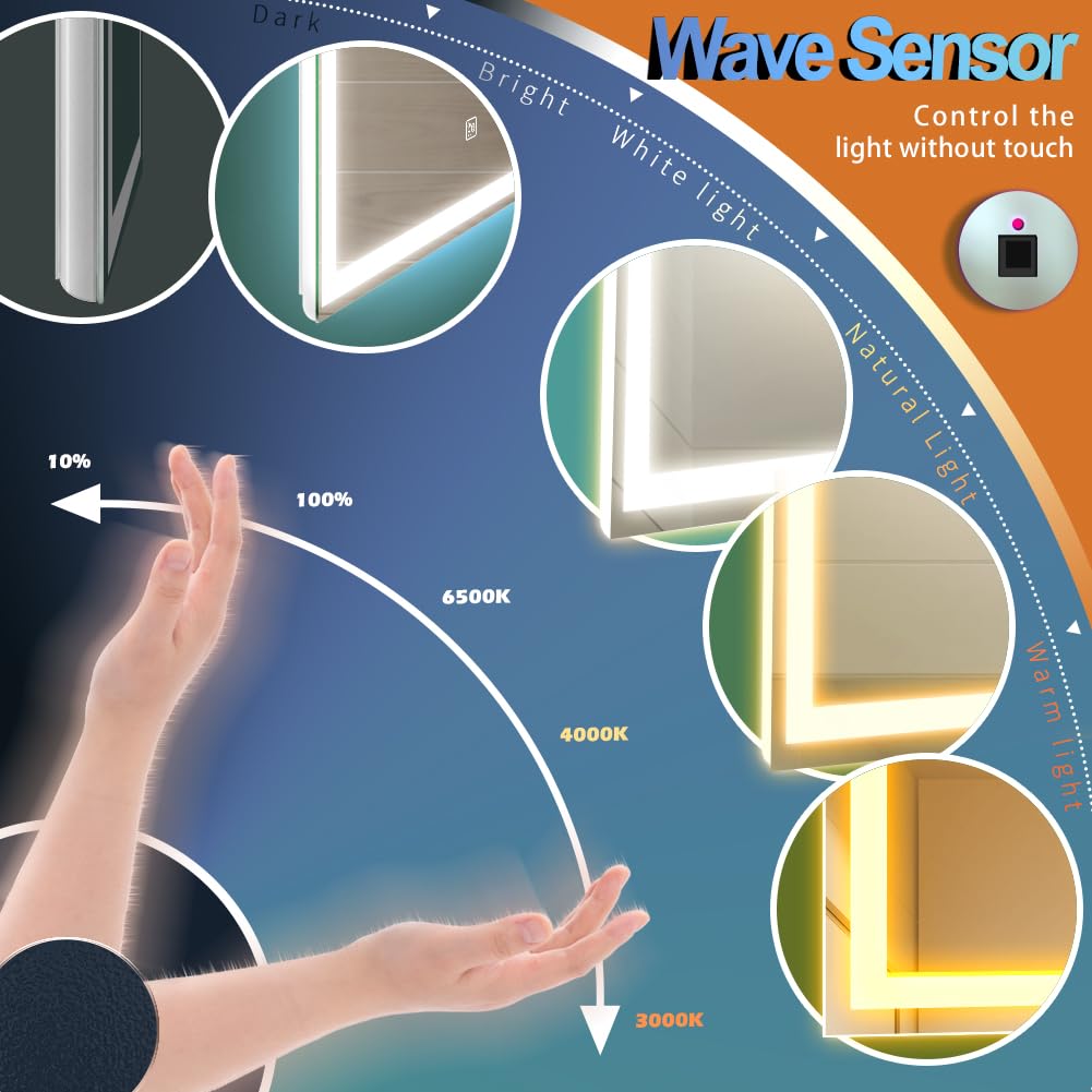 GANPE 32 x 40 Inch Smart LED Bathroom Mirror with Bluetooth Speaker - Wave Sensor, Dimmable Anti-Fog, IP44 Waterproof - Perfect for Modern Bathrooms, Vanities & Home Decor