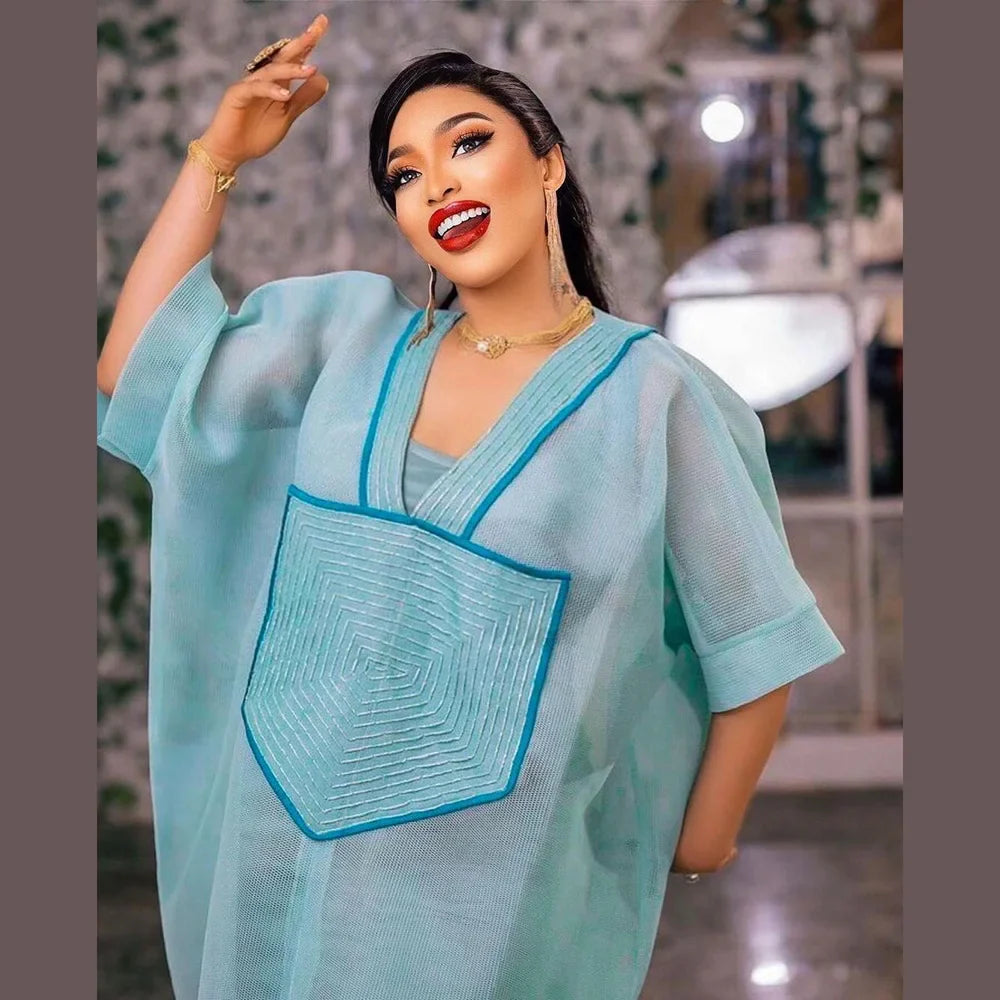 African Modern Blue Mesh Embroidered Deep V-Neck Plus Size Skirt with Inner Lining - Elegant African American Women's Dress for Parties, Weddings & Special Occasions