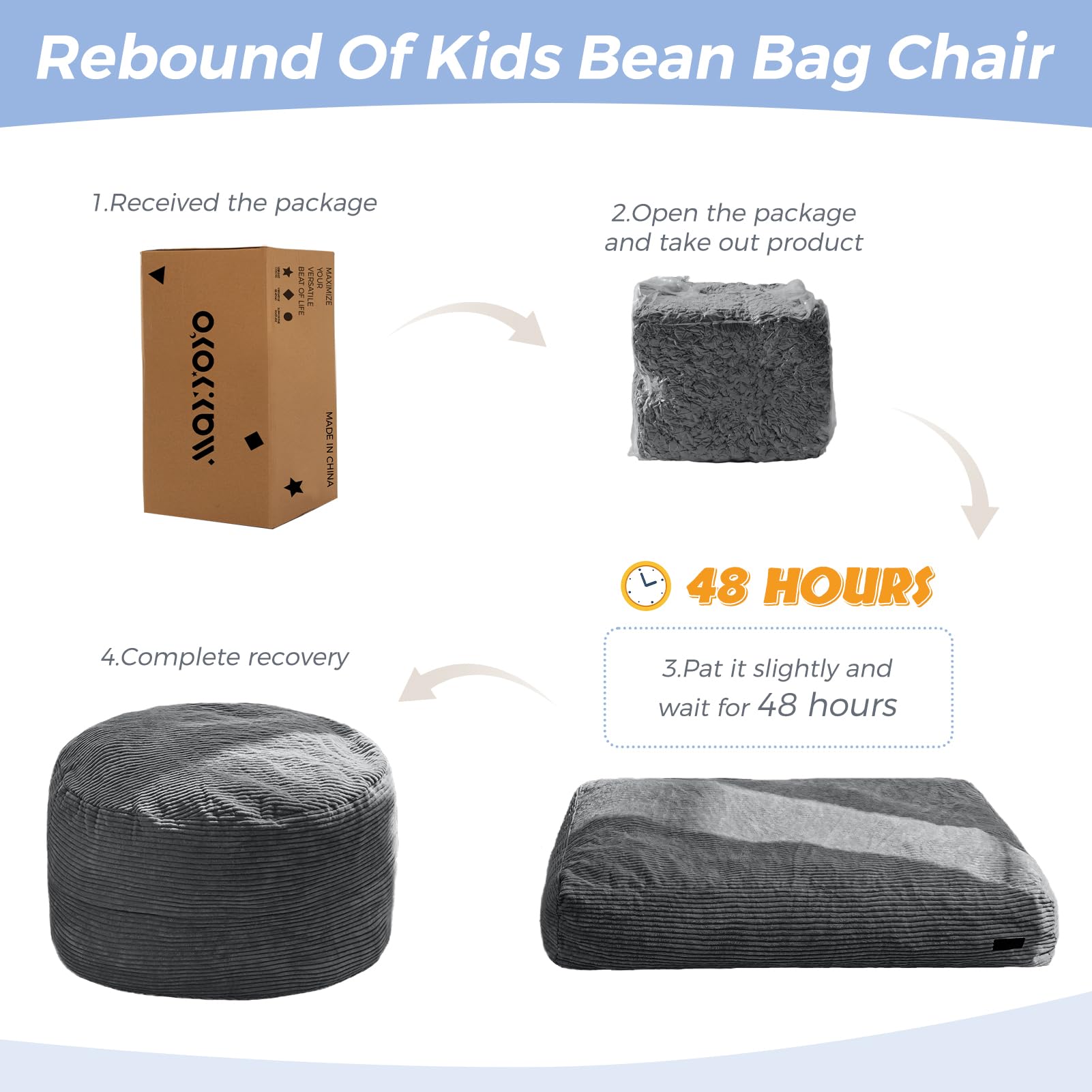 MAXYOYO Kids Corduroy Bean Bag Chair - Convertible to Floor Mattress, Dark Grey - Perfect for Playrooms, Bedrooms & Lounging
