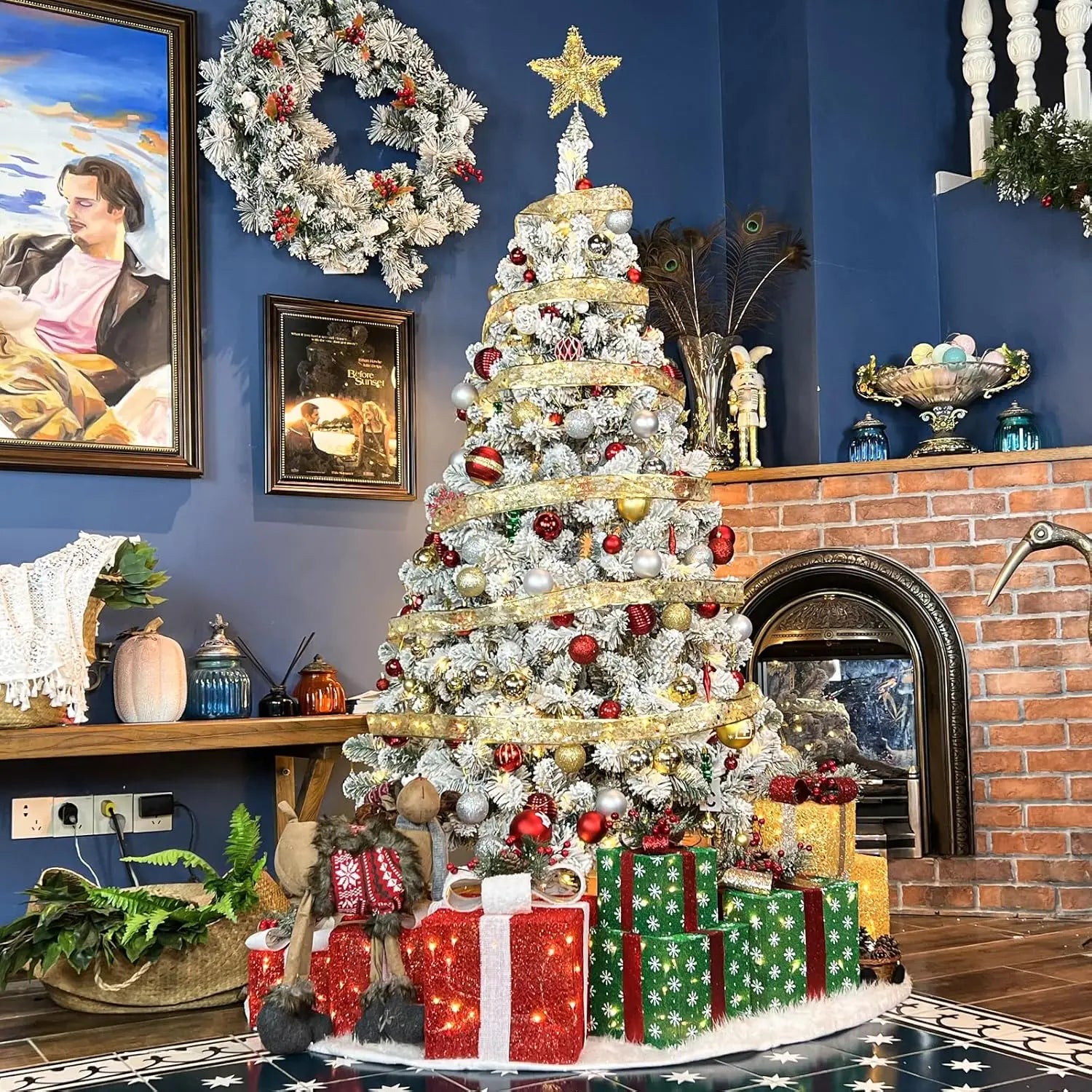 6.5 ft Pre-Lit Snow Flocked Artificial Christmas Tree with Pine Cones & Metal Stand - Hinged Branches for Easy Setup - Perfect for Living Room, Office, or Holiday Decorations