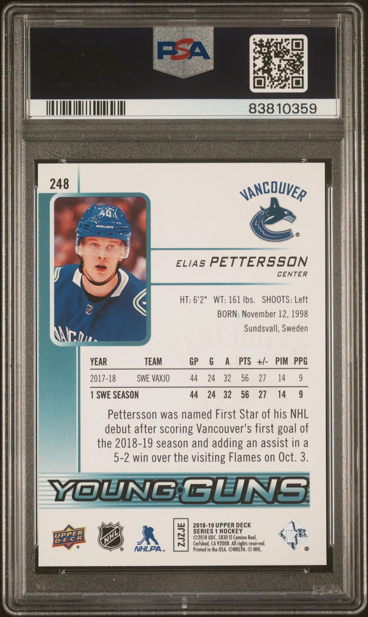 2018-19 Upper Deck Series 1 Hockey Elias Pettersson Young Guns Rookie Card PSA 10 Gem Mint - Perfect for Collectors, Sports Memorabilia Display & Hockey Fan Gifts