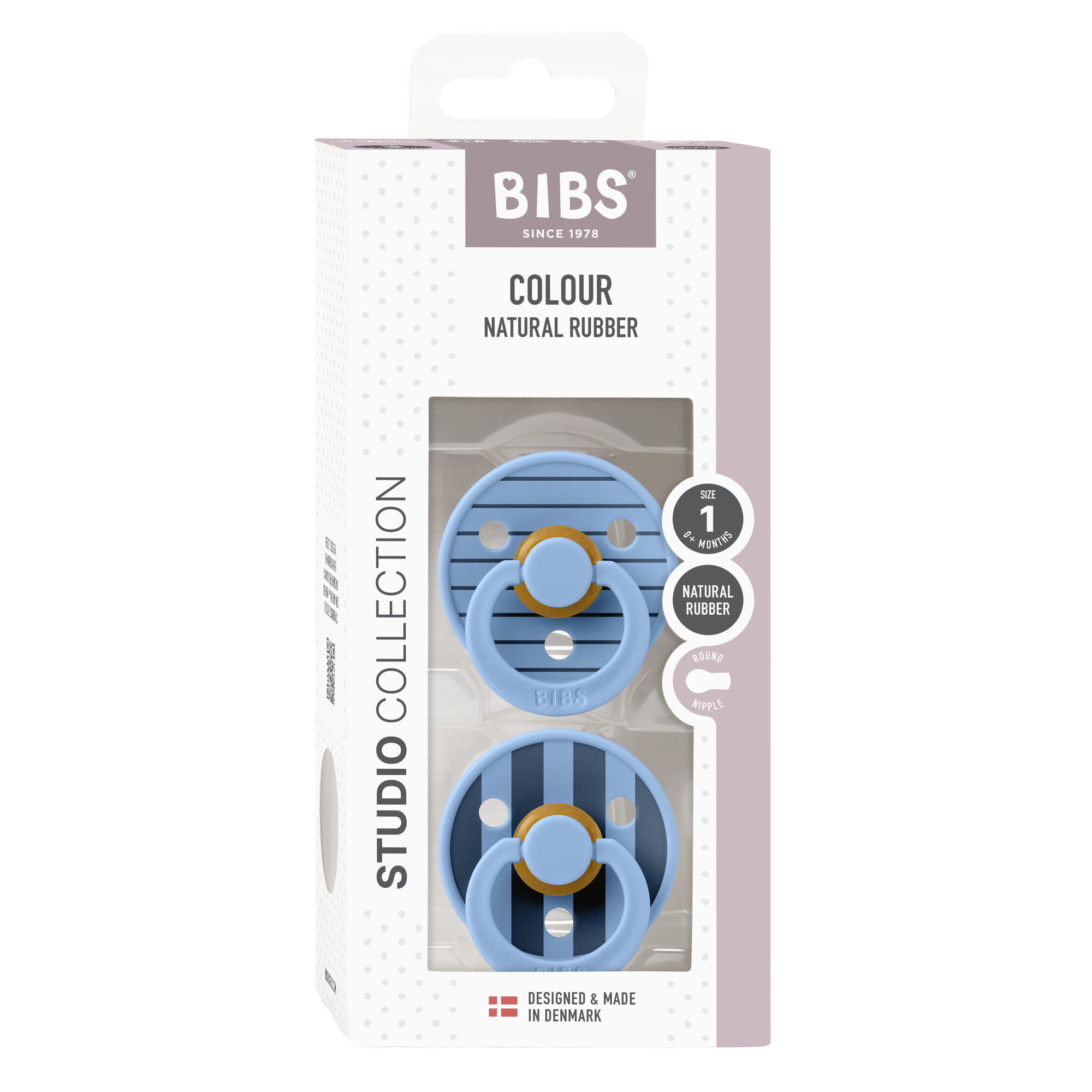 BIBS Studio Collection Round Pacifiers - Twin Pack (Pinstripe) - Soothing Baby Dummies for Newborns & Infants - Perfect for Daycare, Travel & Bedtime Comfort