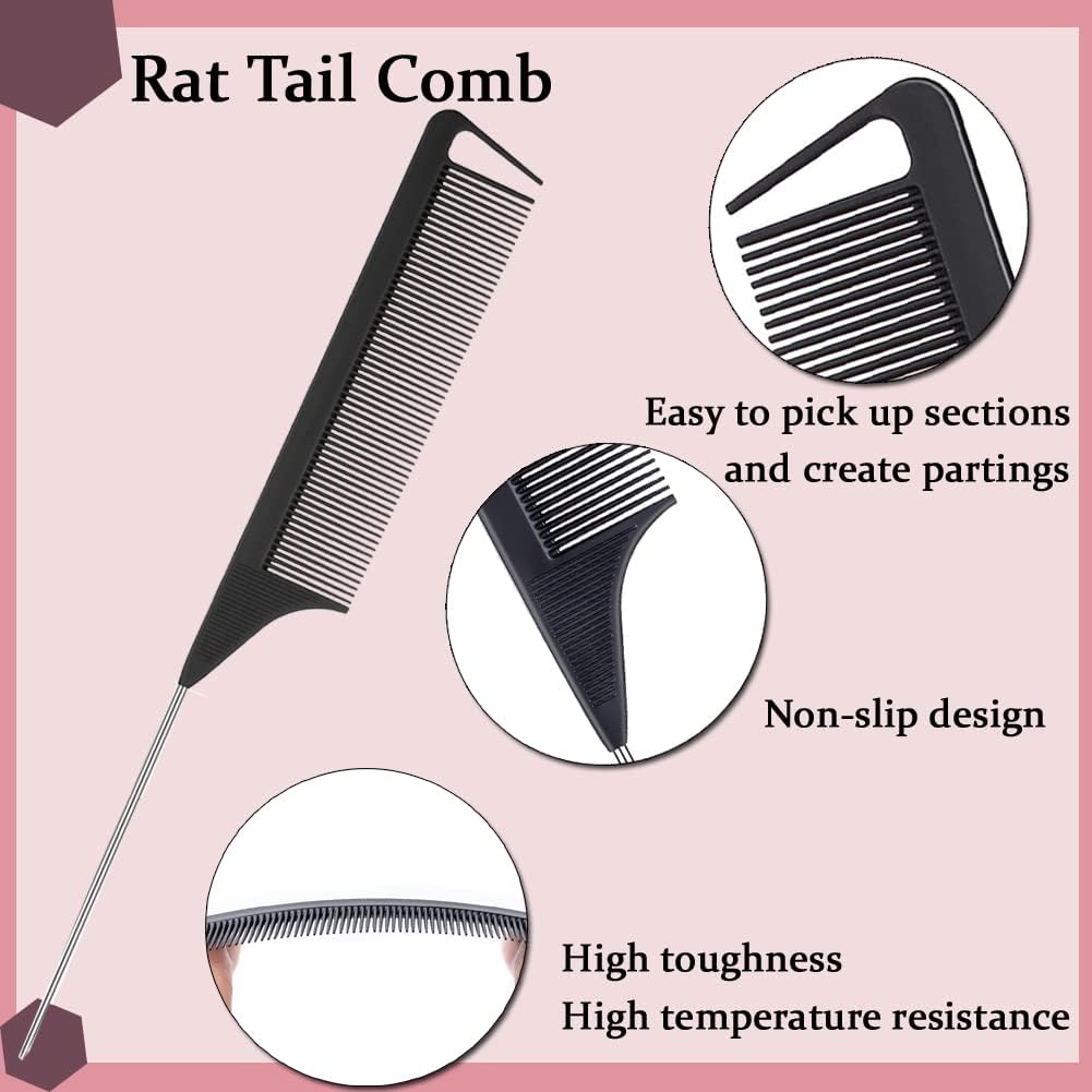 8-Piece Professional Hair Styling Tool Set - Rat Tail Comb, Cutting Comb, Alligator Clips, Ponytail Hoop - Stainless Steel Black Hair Accessories for Women & Girls | Salon, Home Use, DIY Hairstyling