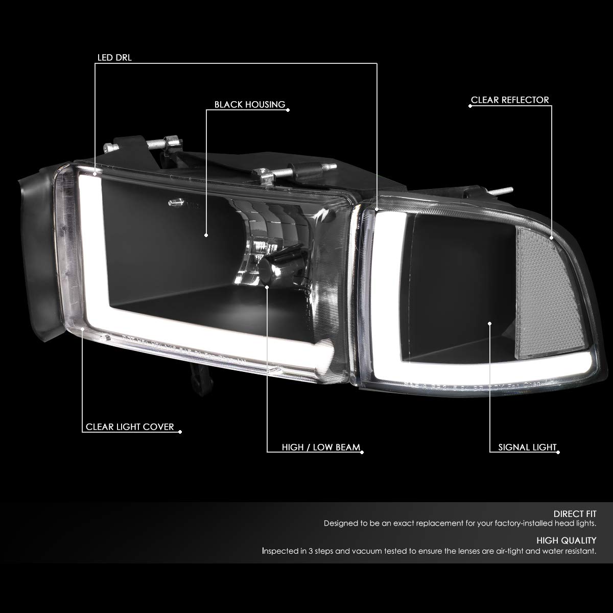 DNA MOTORING HL-LB2-DR944-BK-CL1 Black LED Headlights with Daytime Running Lights - Compatible with 1994-2002 Dodge Ram 1500/2500/3500 - Upgrade for Improved Visibility & Style (Perfect for Night Driving & Off-Road Adventures)