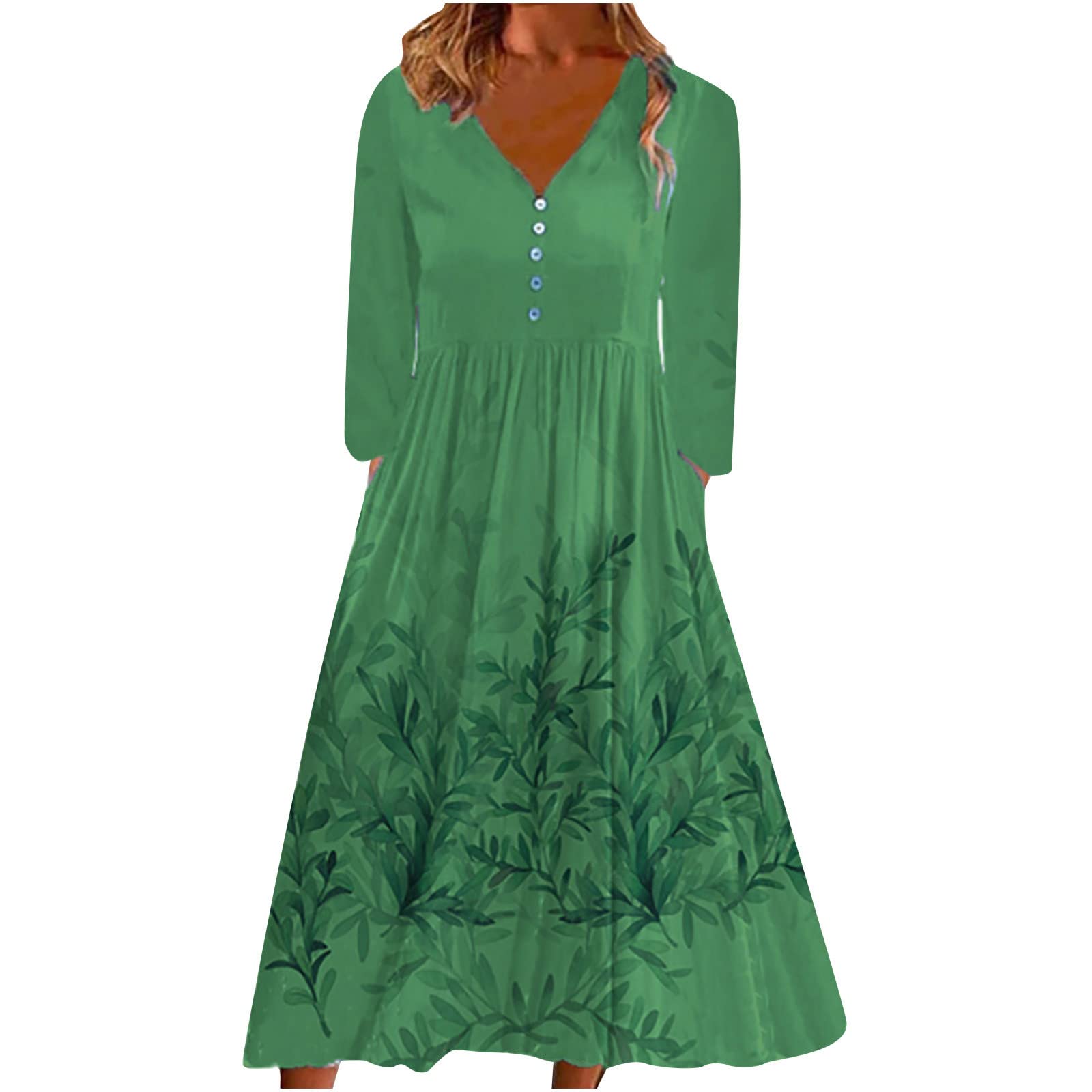 Floral Print Women's Casual Dress - V-Neck Button Down Long Sleeve Loose Ruffle Maxi Dress with Pockets | Perfect for Vacation, Beach, Date Night & Summer Outfits