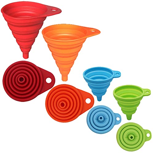 KongNai 4-Piece Silicone Collapsible Kitchen Funnel Set - Small & Large Food Grade Funnels for Liquid Transfer, Bottle Filling & Cooking - Perfect for Baking, Canning, Oil Pouring & DIY Projects