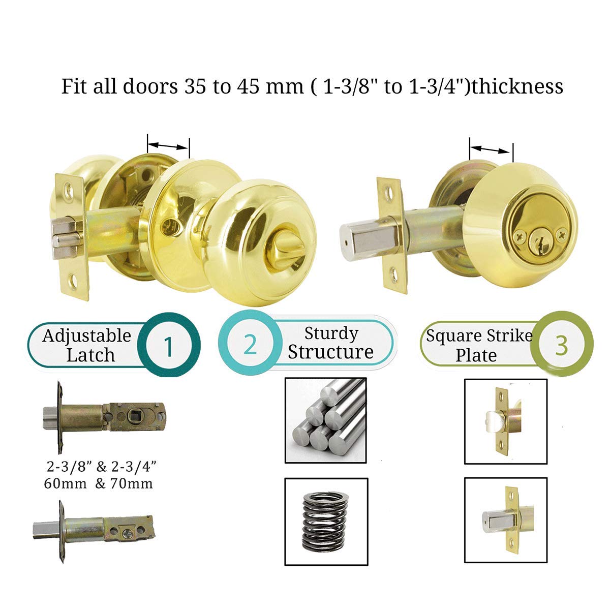(6 Pack) Keyed Alike Entry Door Knobs with Double Cylinder Deadbolt Lock Combo Set - Polished Brass Finish for Front Door, Entrance & Home Security - Perfect for Apartments, Offices & Rental Properties