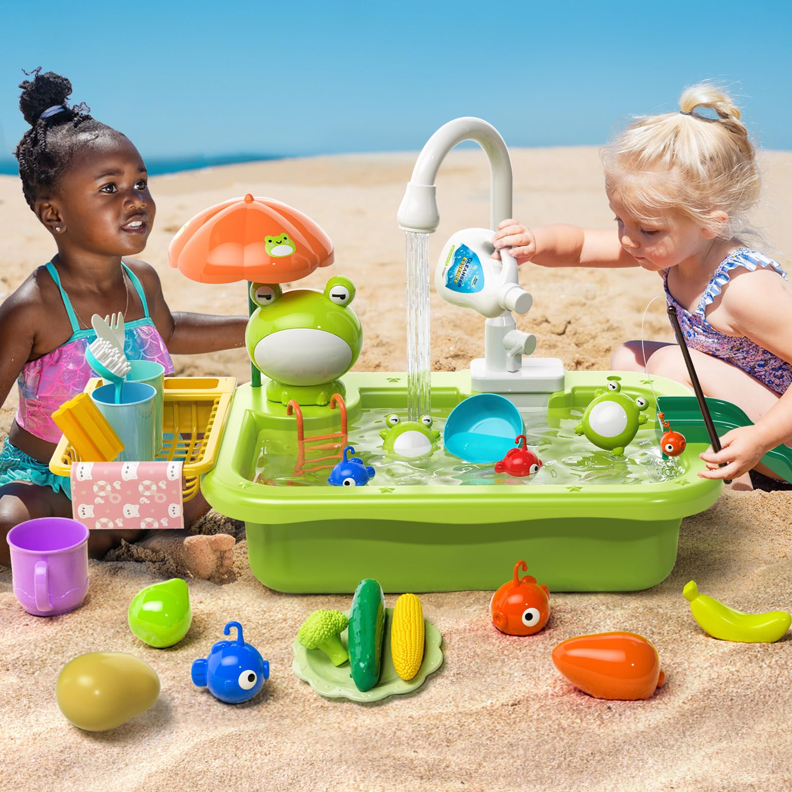 **Kids Pretend Play Sink Toy with Electric Running Water - Interactive Kitchen Play Set with Faucet, Dishwasher & Fishing Game for Toddlers, Boys & Girls - Perfect for Indoor Play, Pool Fun & Role-Playing Activities**