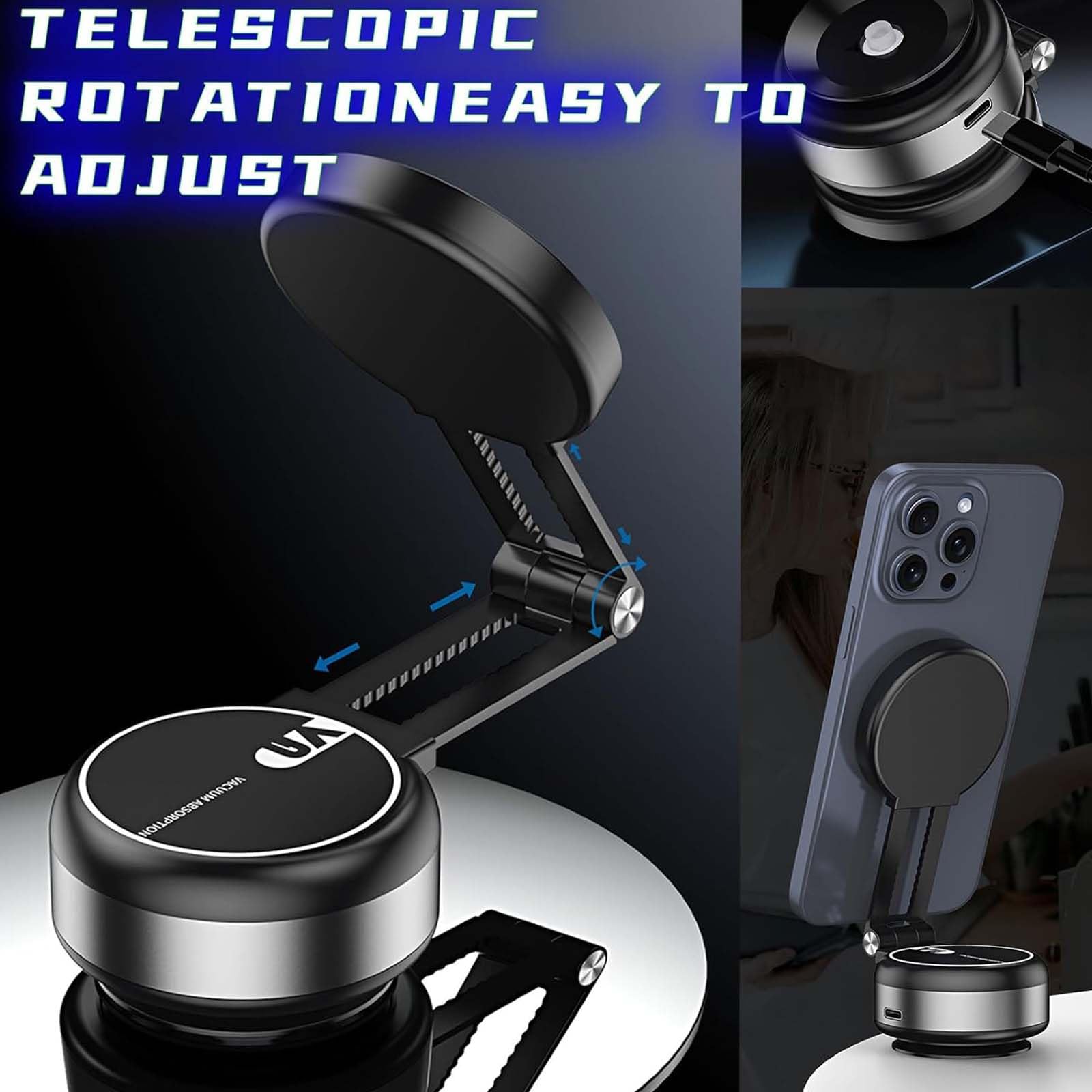 Nixive Double-Sided Magnetic Phone Holder - Adjustable Vacuum & Magnetic Car Mount with 360° Rotation for iPhone 15/14/13 Pro Max, Samsung Galaxy S23/S22 - Perfect for Driving, Cycling & Office Use (Black)