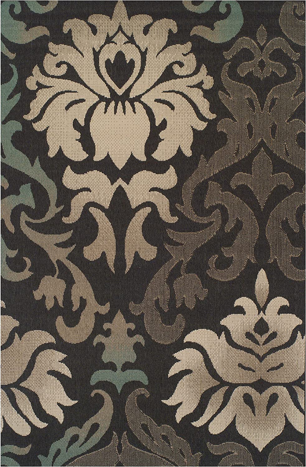 Lowell Traditional Damask Indoor/Outdoor Area Rug - Non-Slip, Waterproof, Durable - Perfect for Living Room, Patio, Deck & Sunroom Decor