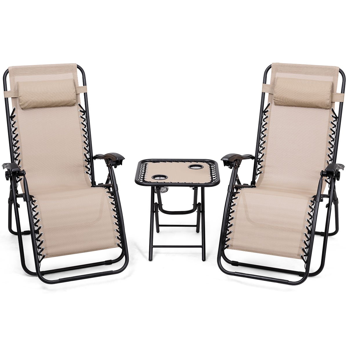 Giantex 3-Piece Zero Gravity Lounge Chair Set - Patio, Poolside & Backyard Reclining Chaise Lounge with Side Table - Foldable Outdoor Furniture for Relaxation (Beige) | Perfect for Sunbathing, Reading & Lounging in Garden, Deck or Beach