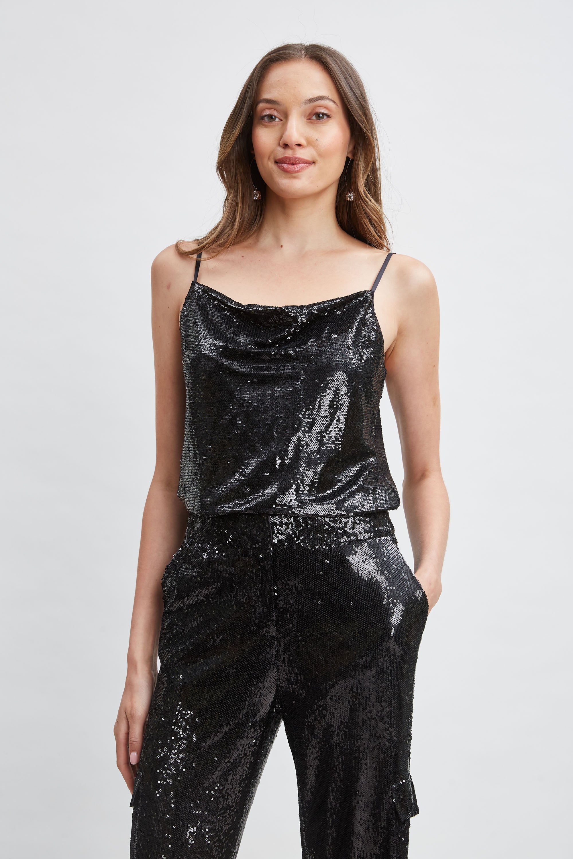 Sparkly Pave Sequin Camisole Top for Women - Elegant & Shiny Party Wear for Night Out, Club, Wedding & Special Occasions