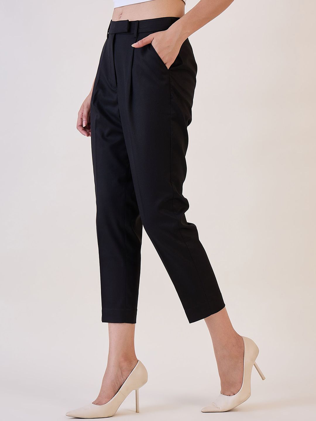 Stylish Black Pleated High Waist Ankle-Length Trousers for Women | Office Wear & Casual Outfits | Comfortable Work Pants & Everyday Fashion
