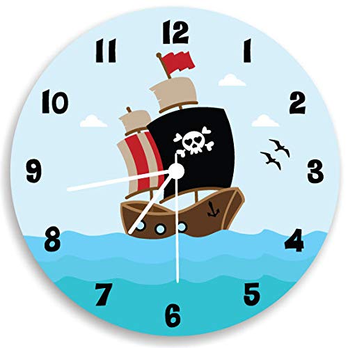 Pirate Silent Wall Clock - Non-Ticking PVC Clock for Patio, Kitchen, Bedroom, Office & Nursery Decor - Perfect Christmas Gift for Boys & Pirate Theme Rooms