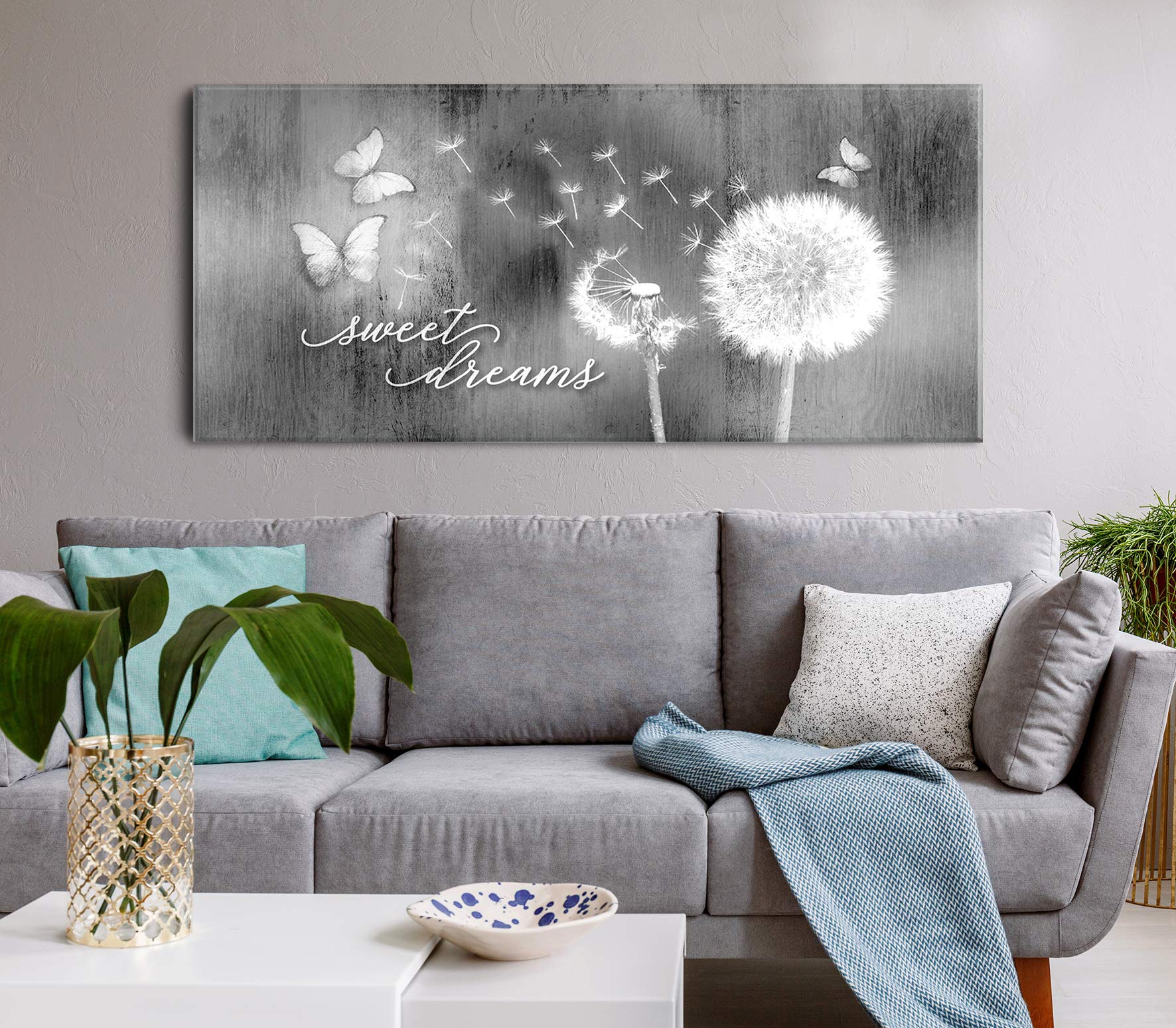 Sweet Dreams Dandelion Wall Art - Large 60x27 Inch Gray Master Bedroom Decor - Above Bed Wall Hanging for Serene Sleeping Space - Perfect for Home, Nursery & Apartment Decor