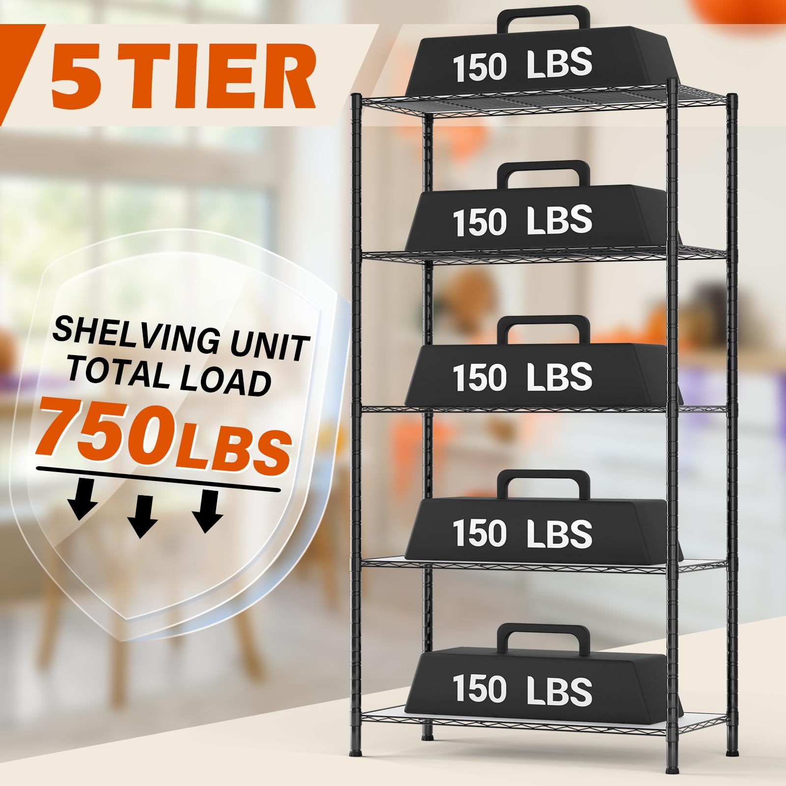 5-Tier Heavy Duty Storage Shelves - Adjustable Steel Garage Shelving Unit with 150 lbs Capacity, 30