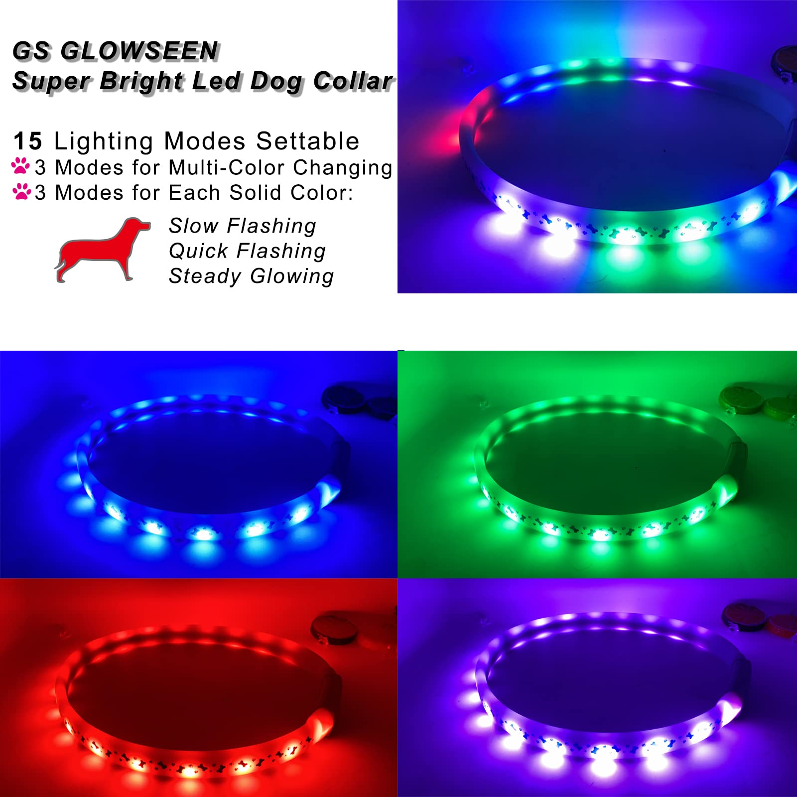 Glow in The Dark LED Dog Collar 2 Pack - USB-C Rechargeable RGB Light Up Dog Collars with Adjustable Length for Small Medium Large Dogs | Night Safety Reflective Collar for Walking Running Camping