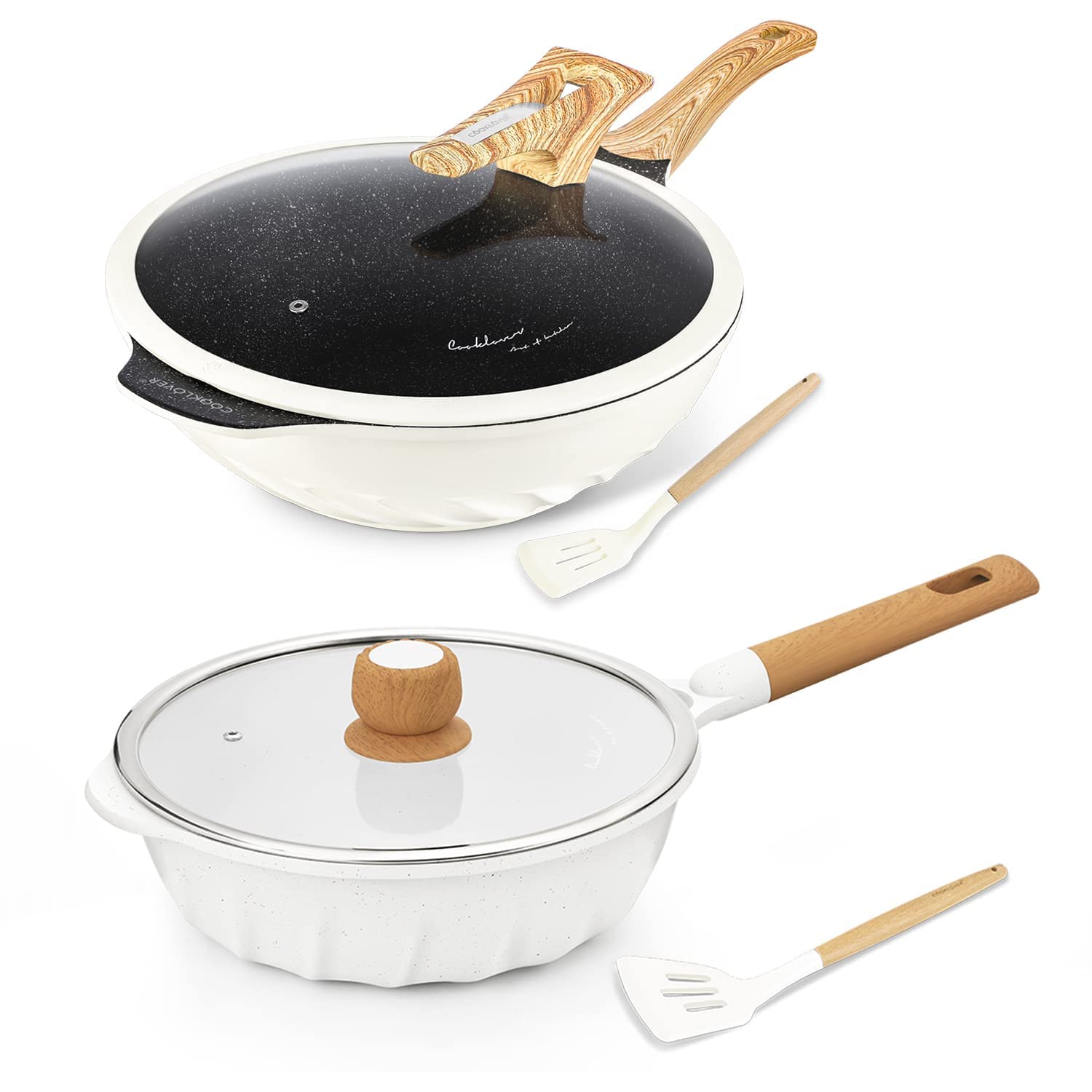 12.6 & 9.5 Inch Nonstick Induction Wok Pan Set with Glass Lid - White Carbon Steel Stir Fry Cookware for Asian Cooking, Sauteing & Deep Frying - Perfect for Gas, Electric & Induction Stovetops