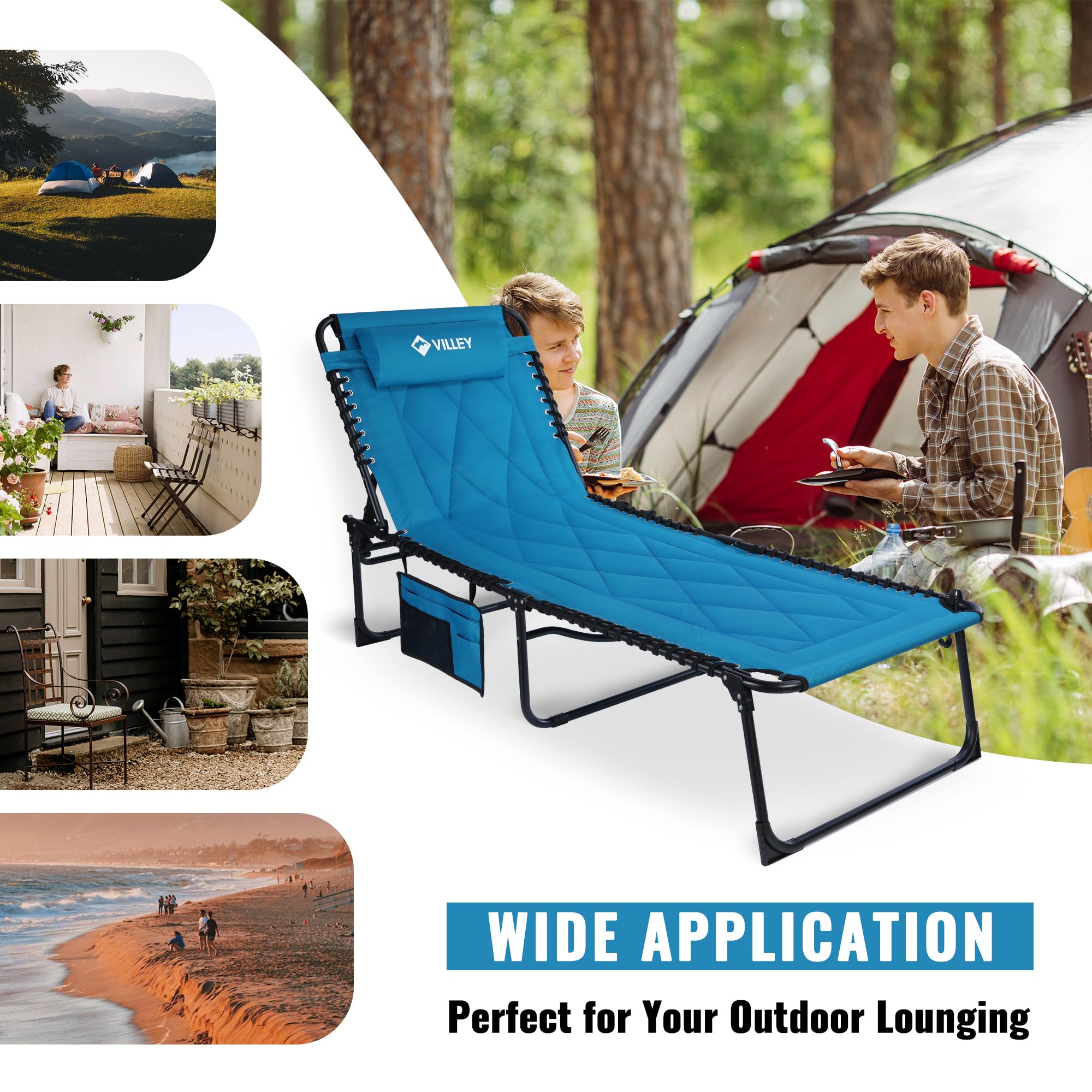 VILLEY Oversized Padded Chaise Lounge Chair with Cushion - Foldable Camping Cot & Patio Recliner - Portable Folding Sleeping Bed for Outdoor, Indoor, Backyard, Garden, Camping, Beach - Perfect for Relaxing, Sunbathing and Lounging