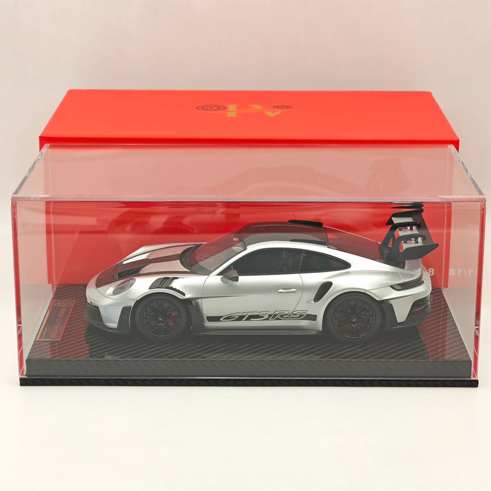 1/18 Scale Porsche 992 GT3 RS Silver Resin Die-Cast Model Car - High Quality Collectible Sports Car for Display, Gifts & Racing Enthusiasts