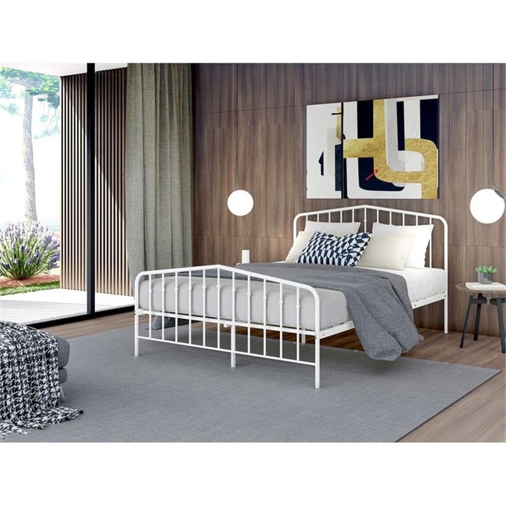 East West Furniture KHFBWHI Kemah Full Bed Frame with 3 Sturdy Metal Legs - White Powder Coated Deluxe Bed Frame for Bedroom, Guest Room & Dormitory