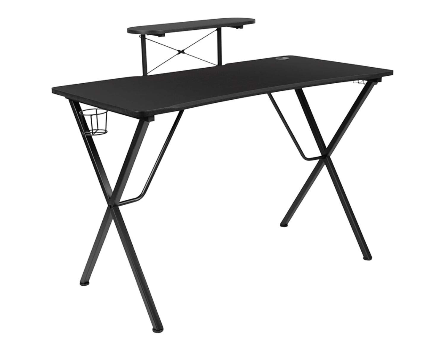 Flash Furniture Black Gaming Desk & White/Black Racing Chair Set with Cup Holder, Headphone Hook & Monitor Stand - Perfect for Esports, Streaming & Home Office Gaming Setup