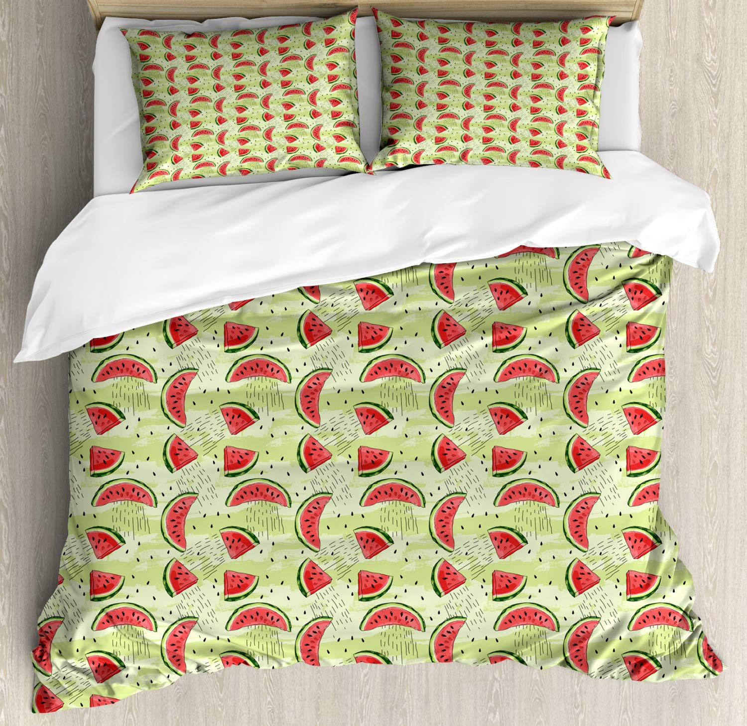 Lunarable Watermelon Duvet Cover Set - 2 Pack Queen Size Summer Fruit Pattern Bedding with 2 Duvet Covers & 4 Pillowcases - Dark Coral & Pale Green - Perfect for Summer Bedroom Decor & Guest Room Refresh