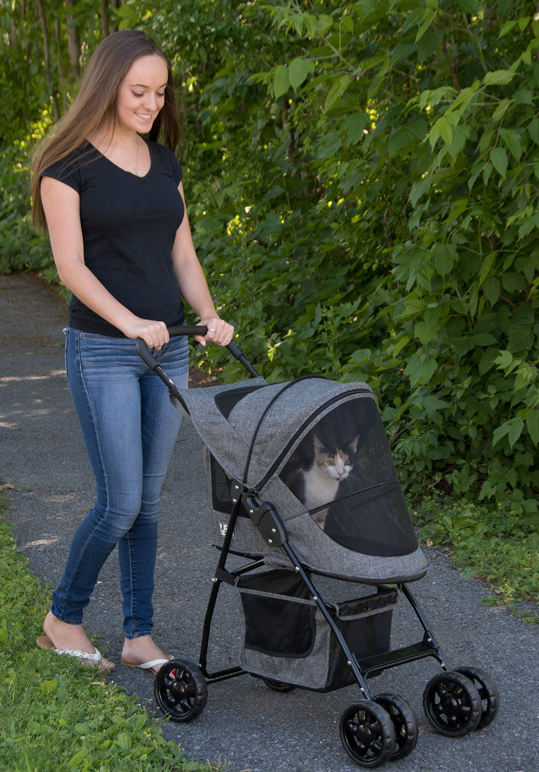 Pet Gear Happy Trails Lite Pet Stroller for Small Dogs & Cats - Foldable Travel Stroller with Zipper Entry, Safety Tether & Storage Basket - Perfect for Walks, Vet Visits & Outdoor Adventures
