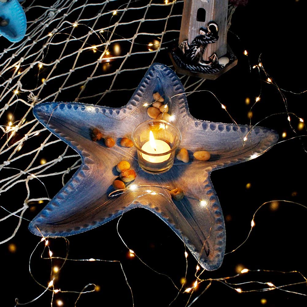Decorative Starfish Candle Holders - 13.7 Inch Resin Tealight Tray for Table Centerpiece, Coastal Home Decor (Dark Blue) | Perfect for Beach Weddings, Bathroom Vanity, and Coastal-Themed Dining Room Decor