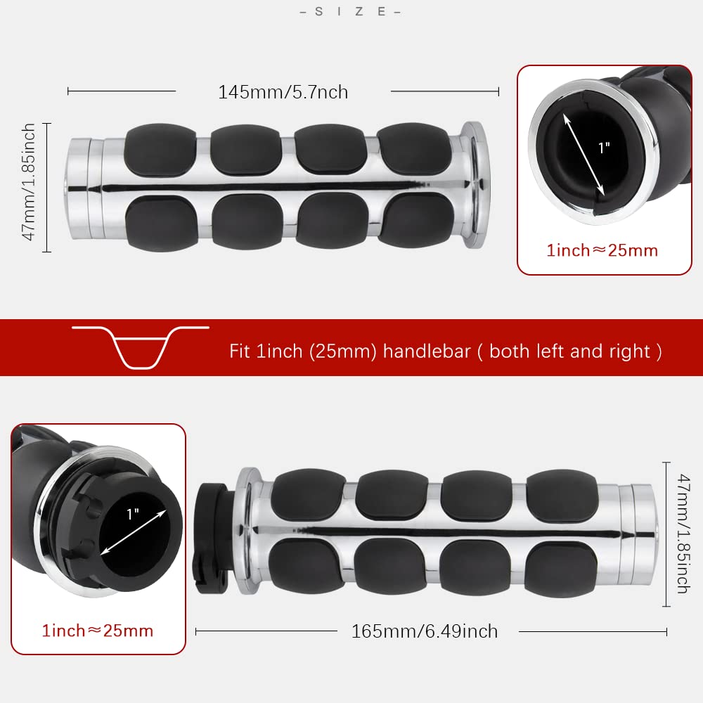 1 Inch Motorcycle Hand Grips - 25MM Chrome Black Aluminum Rubber Handlebar Throttle Grips for Harley Davidson Dyna, Sportster, Road King, Street Glide, Fat Boy & Honda Shadow VTX - Perfect for Cruiser and Touring Bike Comfort