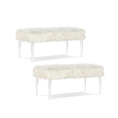 Home Square 2-Piece White Faux Fur Upholstered Acrylic Leg Bench Set - Perfect for Living Room, Bedroom & Entryway Decor