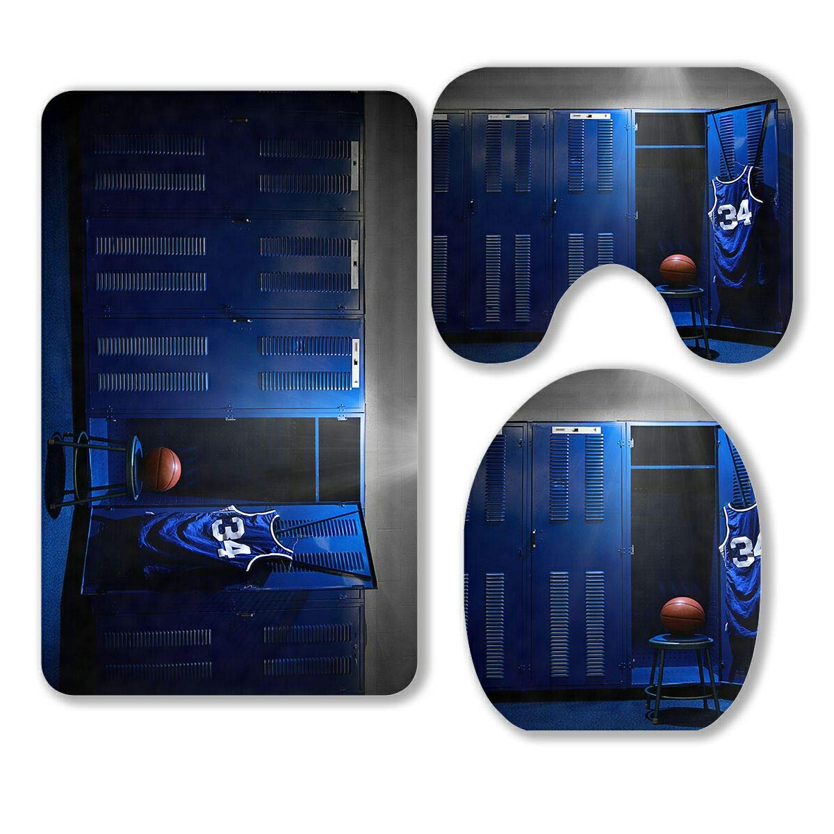 ABPHQTO 3-Piece Basketball Locker Room Bathroom Rug Set - Non-Slip Contour Mat, Toilet Lid Cover & Bath Rug - Perfect for Sports-Themed Bathrooms, Kids Rooms & Man Caves