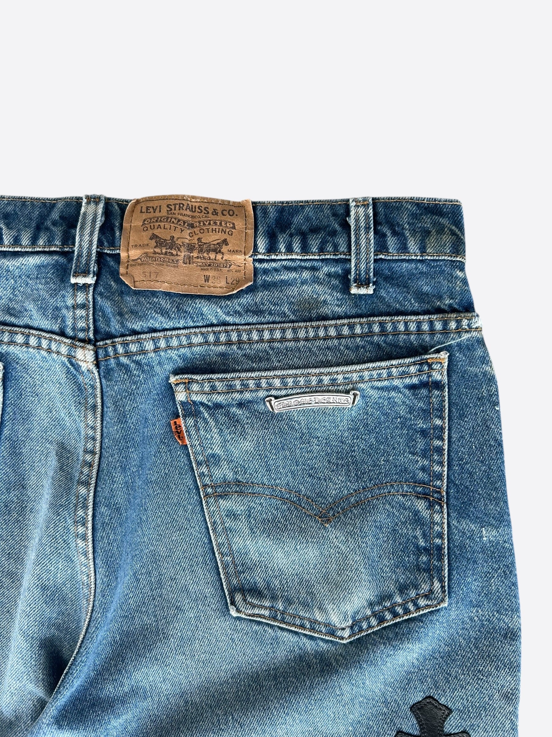 Chrome Hearts x Levi's Blue & Black Cross Patch Denim Jeans for Men - Stylish Vintage Distressed Skinny Jeans - Perfect for Casual Outfits, Streetwear, and Night Out