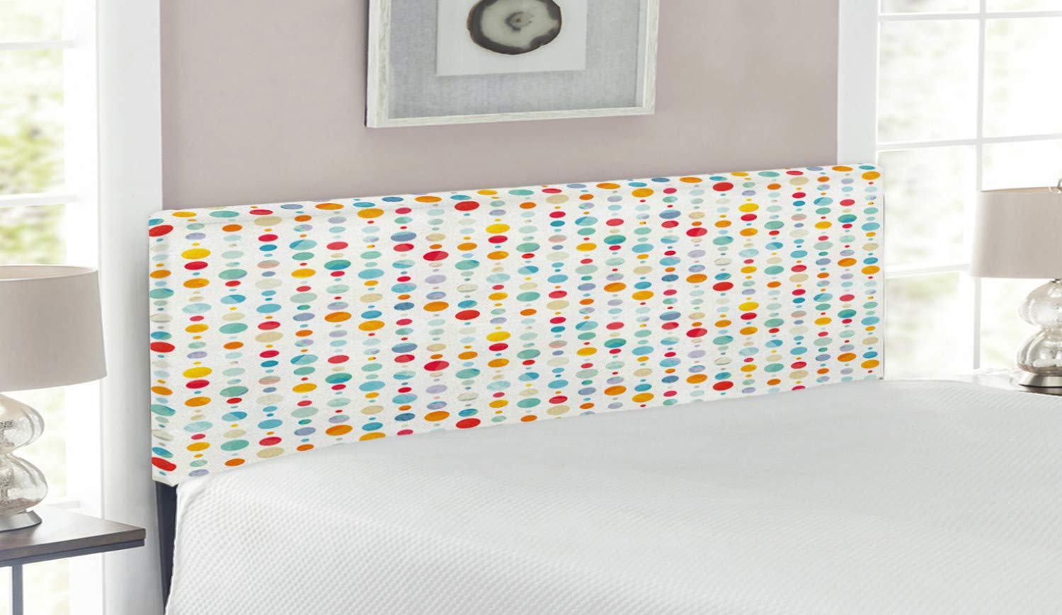 Ambesonne Abstract Upholstered Headboard - Colorful Circular Dots Print, Memory Foam Padding, Queen Size Bed Frame for Modern Bedrooms | Stylish Home Decor for Teens & Guest Rooms