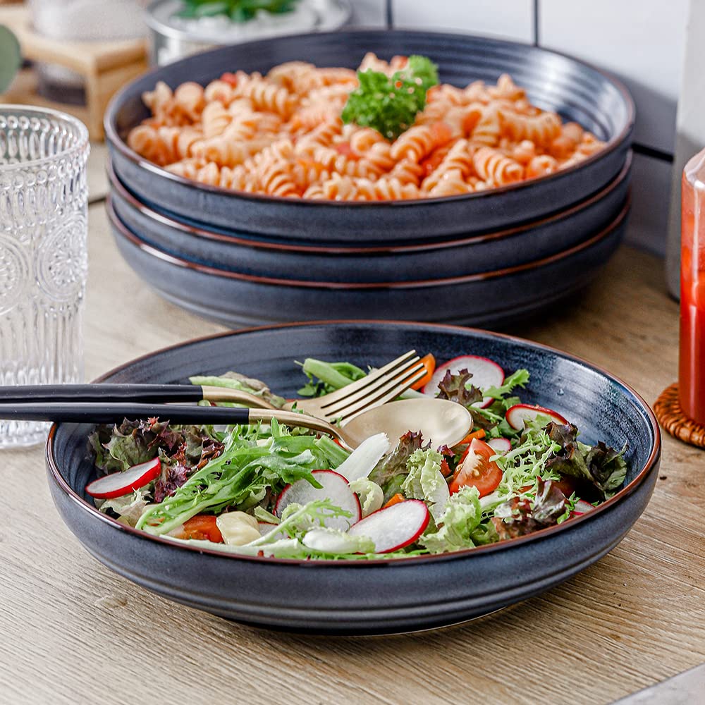 HVH 9.2 Inch Large Pasta Bowls Set of 4 | 40oz Big Salad Bowls | Microwave & Dishwasher Safe Ceramic Dinnerware | Farmhouse Style Shallow Serving Bowls (Black) - Perfect for Family Dinners, Entertaining Guests & Restaurant-Style Meals