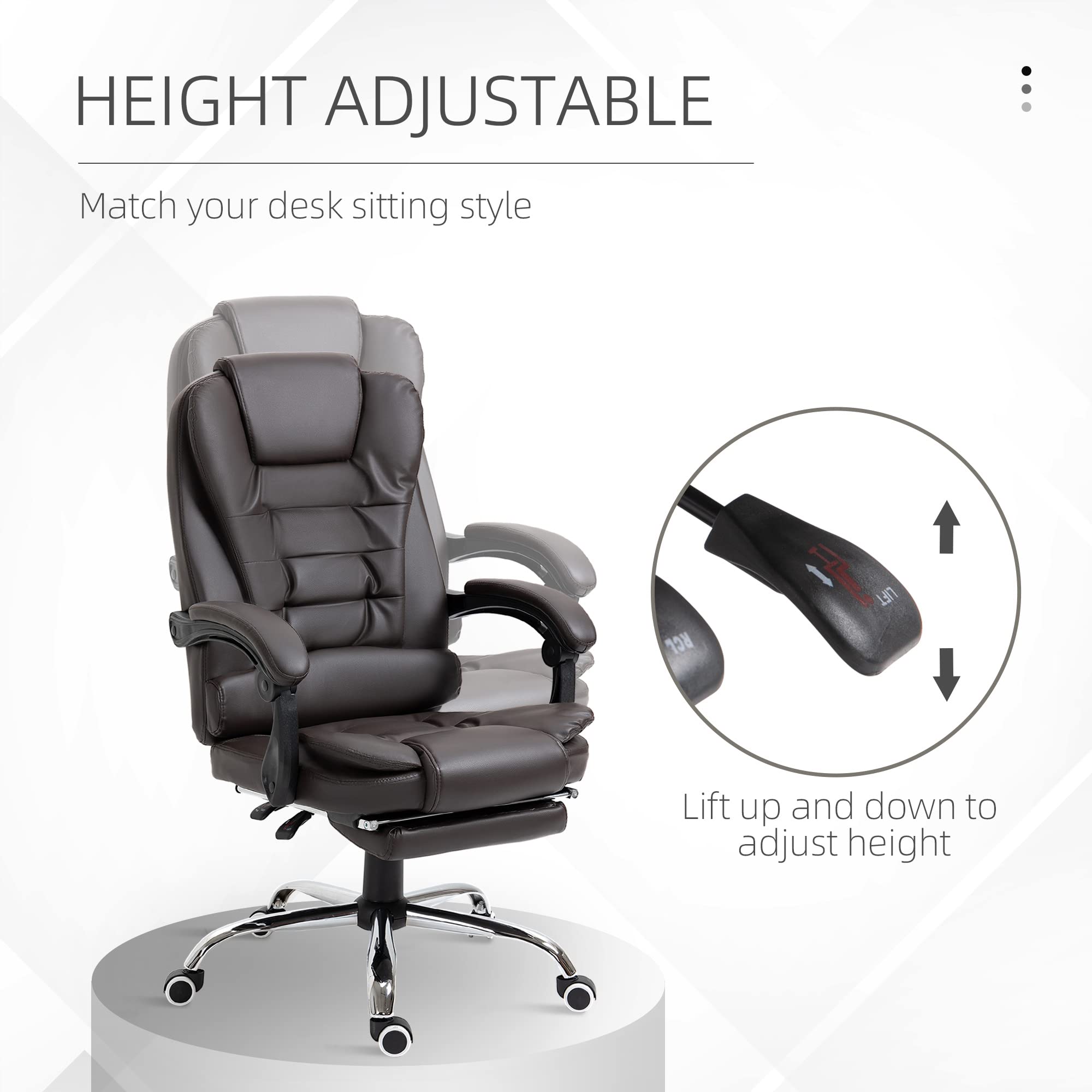 HOMCOM High Back Ergonomic Executive Office Chair - PU Leather Computer Desk Chair with Adjustable Lumbar Support, Retractable Footrest, Padded Headrest & Armrests (Coffee Brown) for Home Office, Gaming & Workspace Comfort