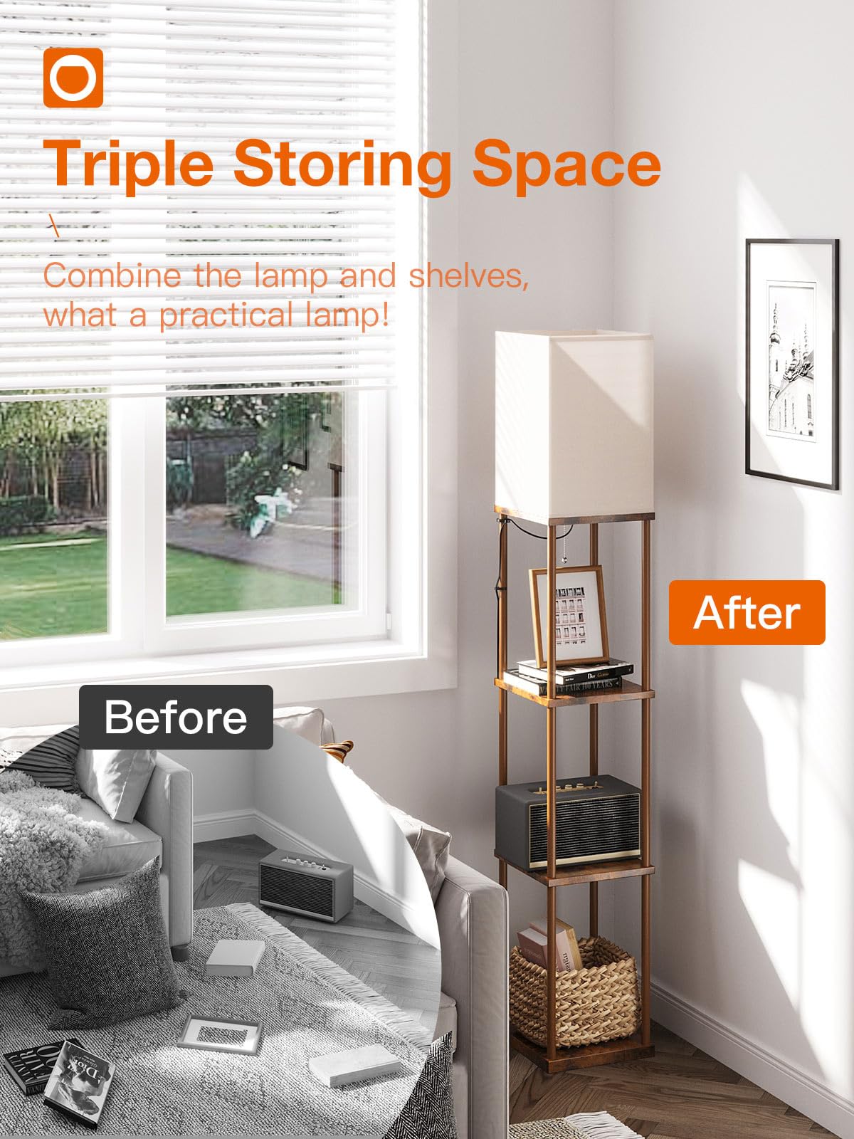 Addlon 4-Tier Modern Shelf Floor Lamp with 3CCT LED Bulb - Adjustable Brightness, Brown Wooden Display Lamp for Living Room, Bedroom, Office - Perfect for Reading, Decor & Space Saving Storage