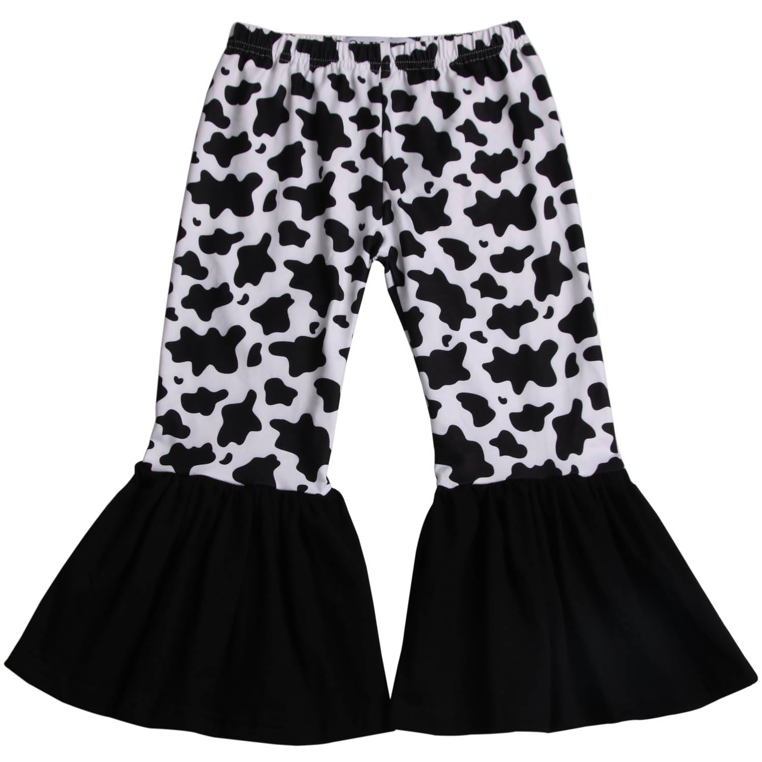Girls' Cow Print Bell Bottom Pants with Ruffle Leggings - Animal Pattern Flare Pants for Kids, Toddler & Teen Fashion - Perfect for School, Parties & Casual Wear