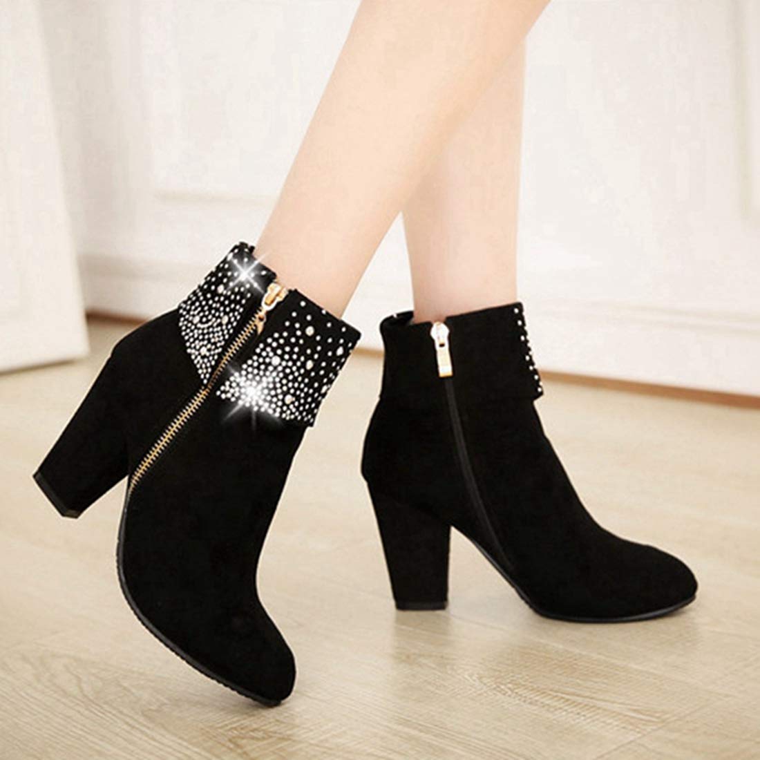 VOKLIN Women's Chunky Block Heel Ankle Boots - Round Toe Suede Booties with Rhinestone Details & Side Zipper - Perfect for Party, Office & Night Out (Black, Size 7)