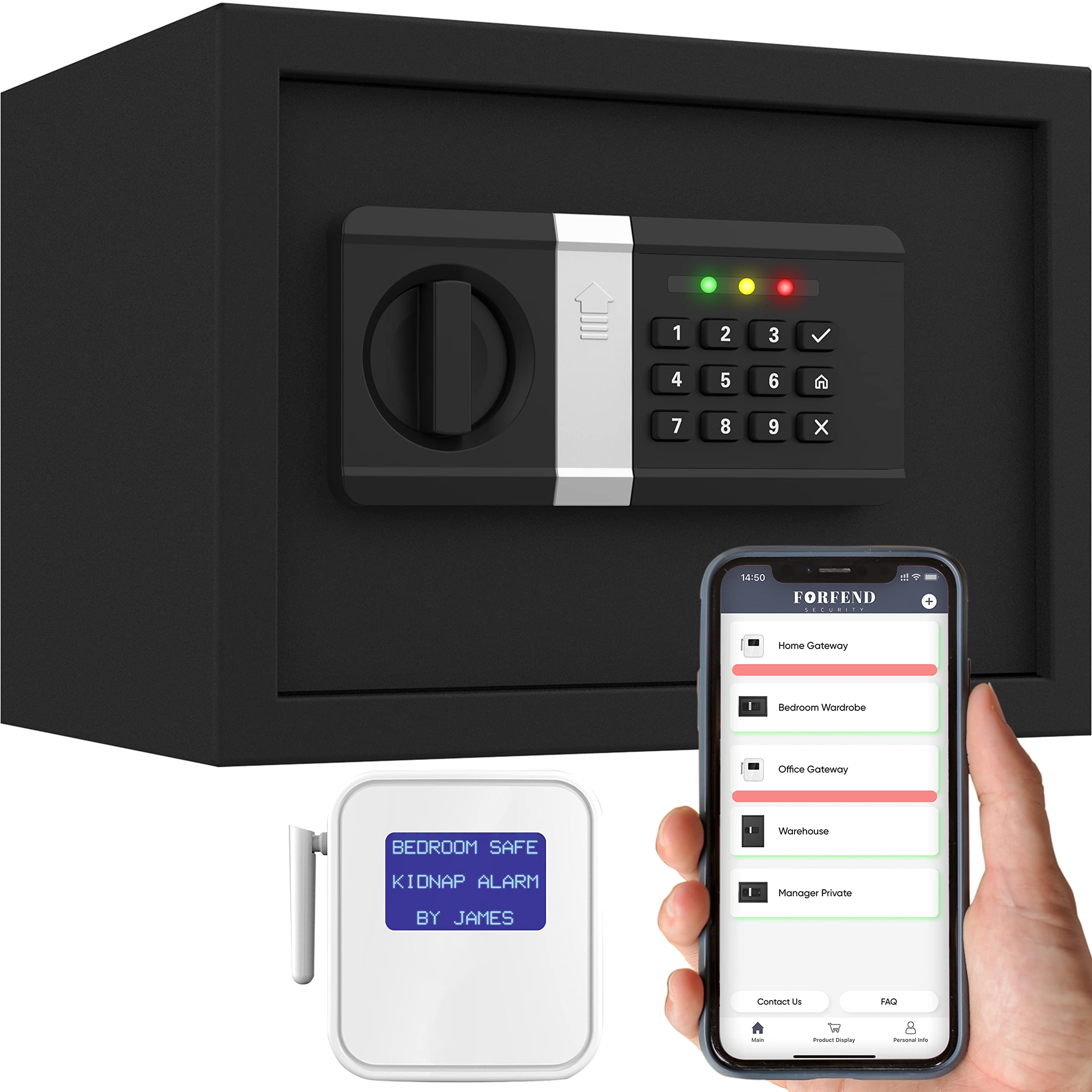 FORFEND Smart Home Safe Box - WiFi Enabled App Controlled Security Safe with Kidnap Alarm, Tamper Detection & False Attempt Alerts | Works with Alexa & Google Home | Wall Mountable for Cash, Jewelry & Handgun Storage | Perfect for Home, Office & Travel Security