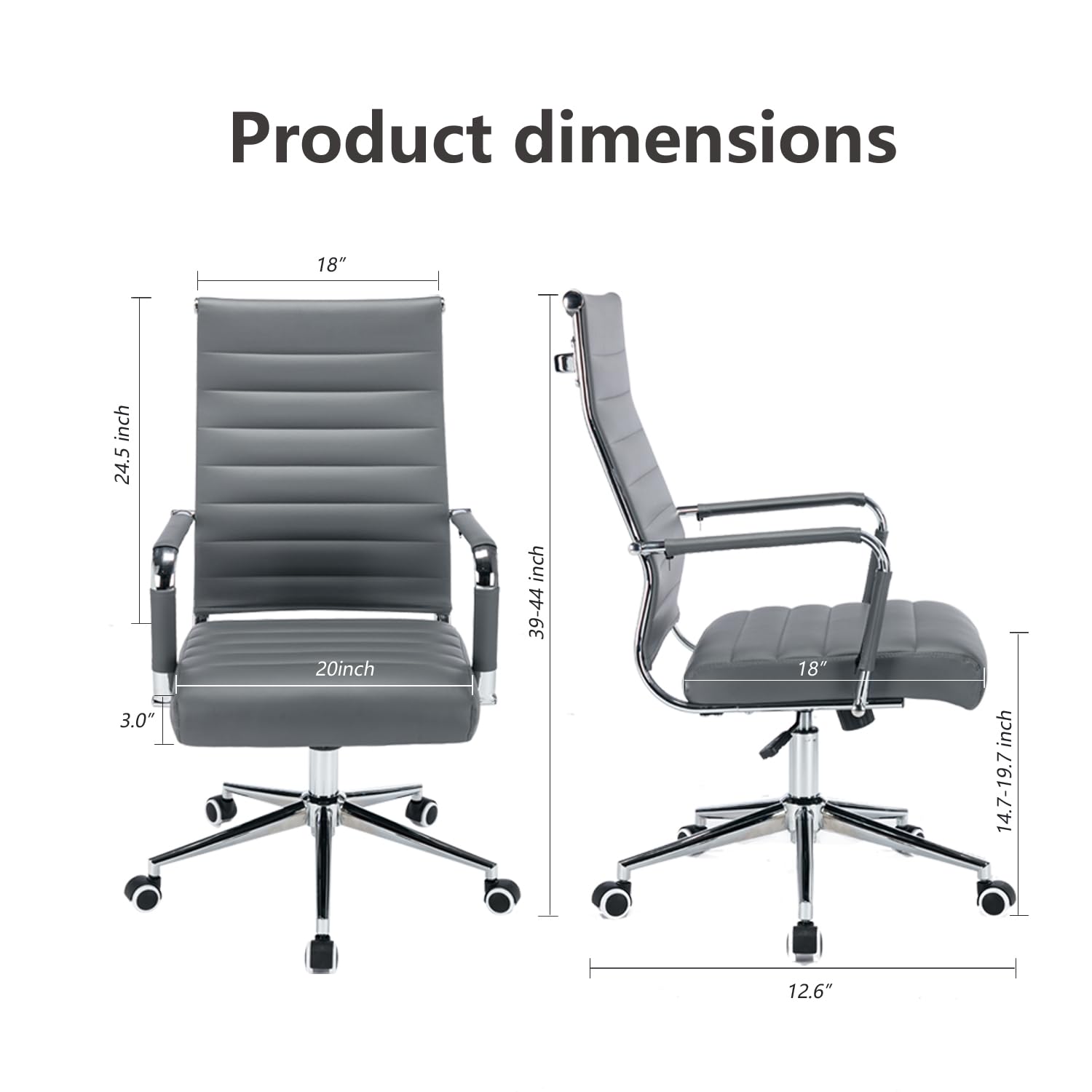 Ergonomic Leather Office Desk Chair with Wheels - Modern Executive Ribbed Computer Chair for Conference Room & Home Office (Grey) - Perfect for Long Work Hours & Professional Workspaces