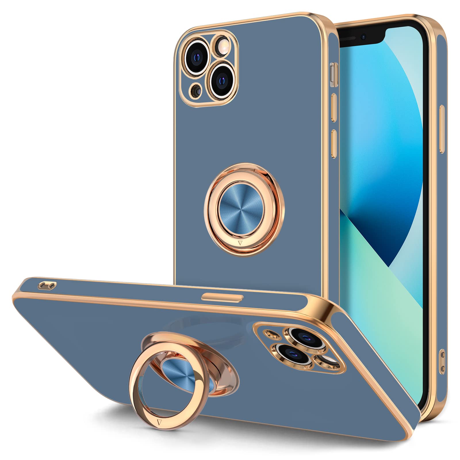 360° Rotatable Magnetic Ring Stand Case for iPhone 13 - Slim Soft TPU Cover with Plated Rose Gold Edge | Luxury Protective Phone Case for Women & Men (Blue Gray) | Perfect for Hands-Free Viewing, Workouts & Travel